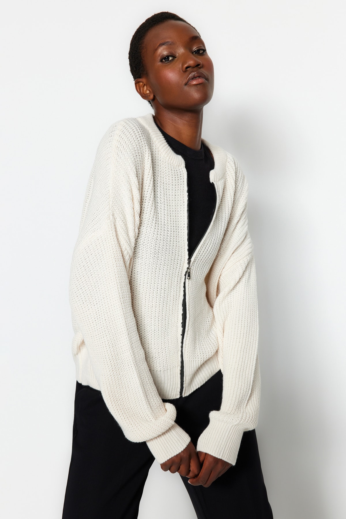 Trendyol Stone Bomber Collar Knitwear Cardigan