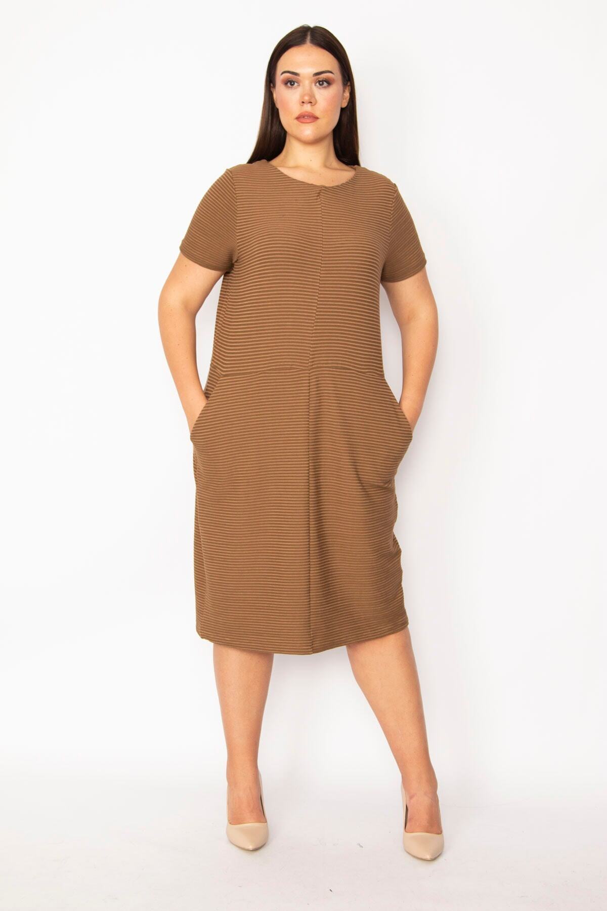 Şans Women's Plus Size Milky Brown Self Striped Pocket Dress