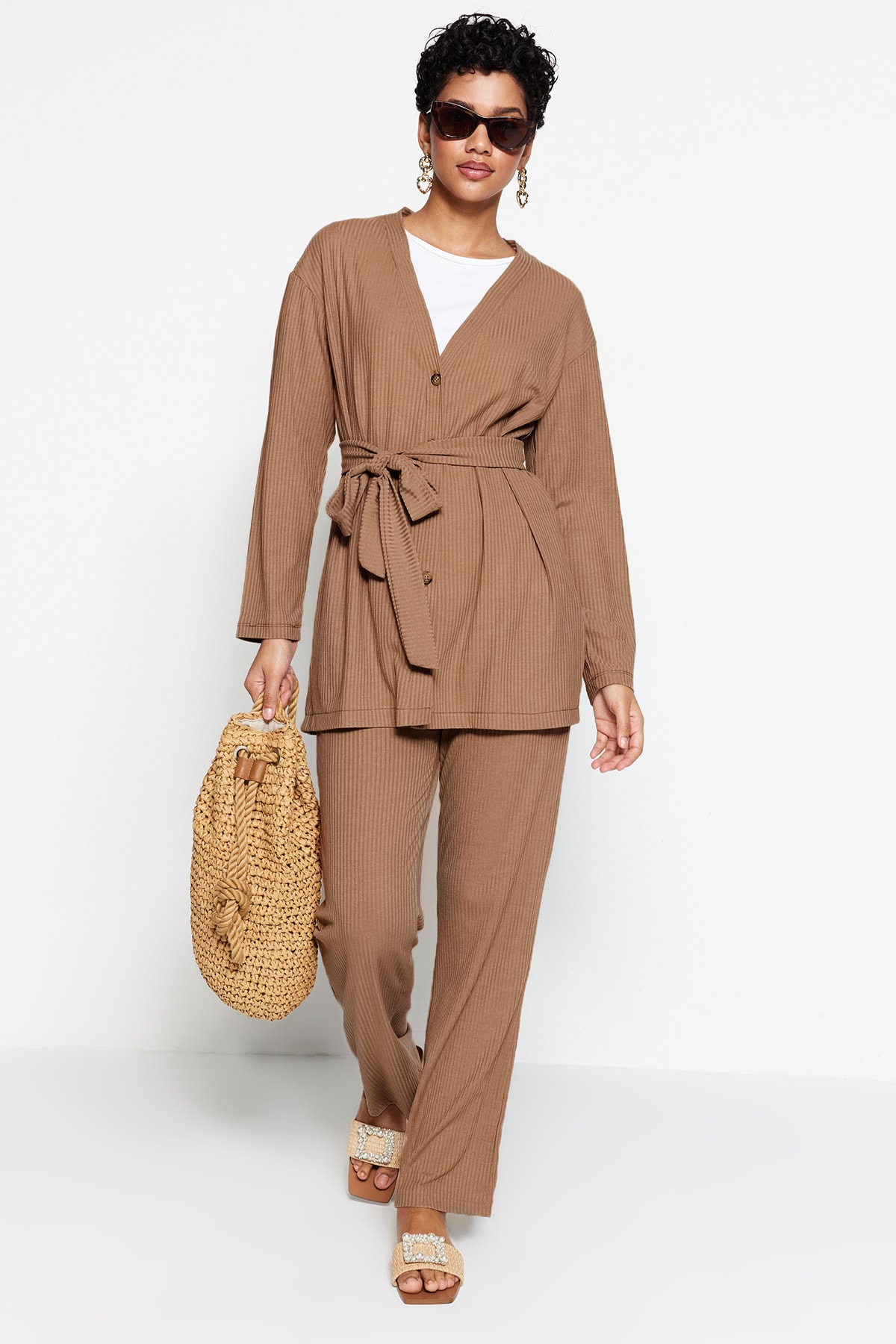 Levně Trendyol Beige Front Tie Detailed Knitted Tunic-Pants Suit