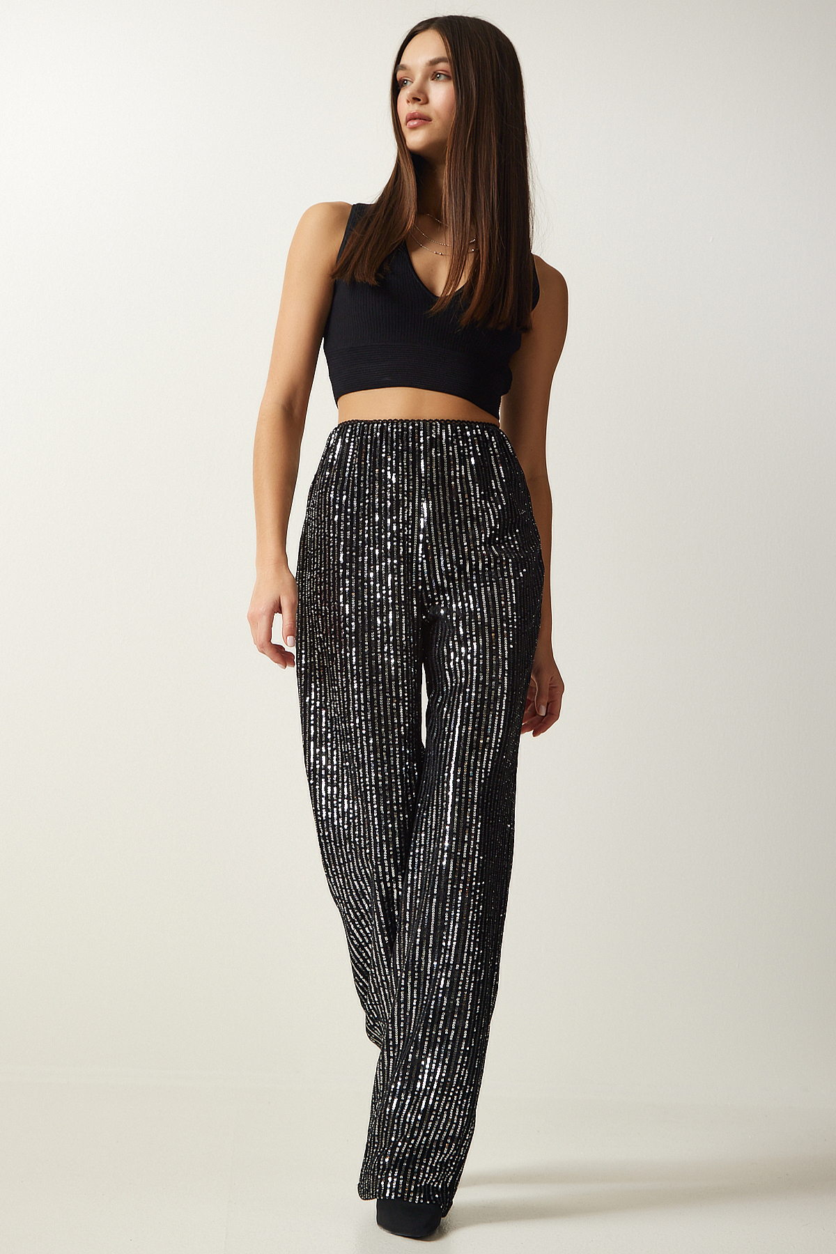 Levně Happiness İstanbul Women's Gray Sequined Palazzo Trousers