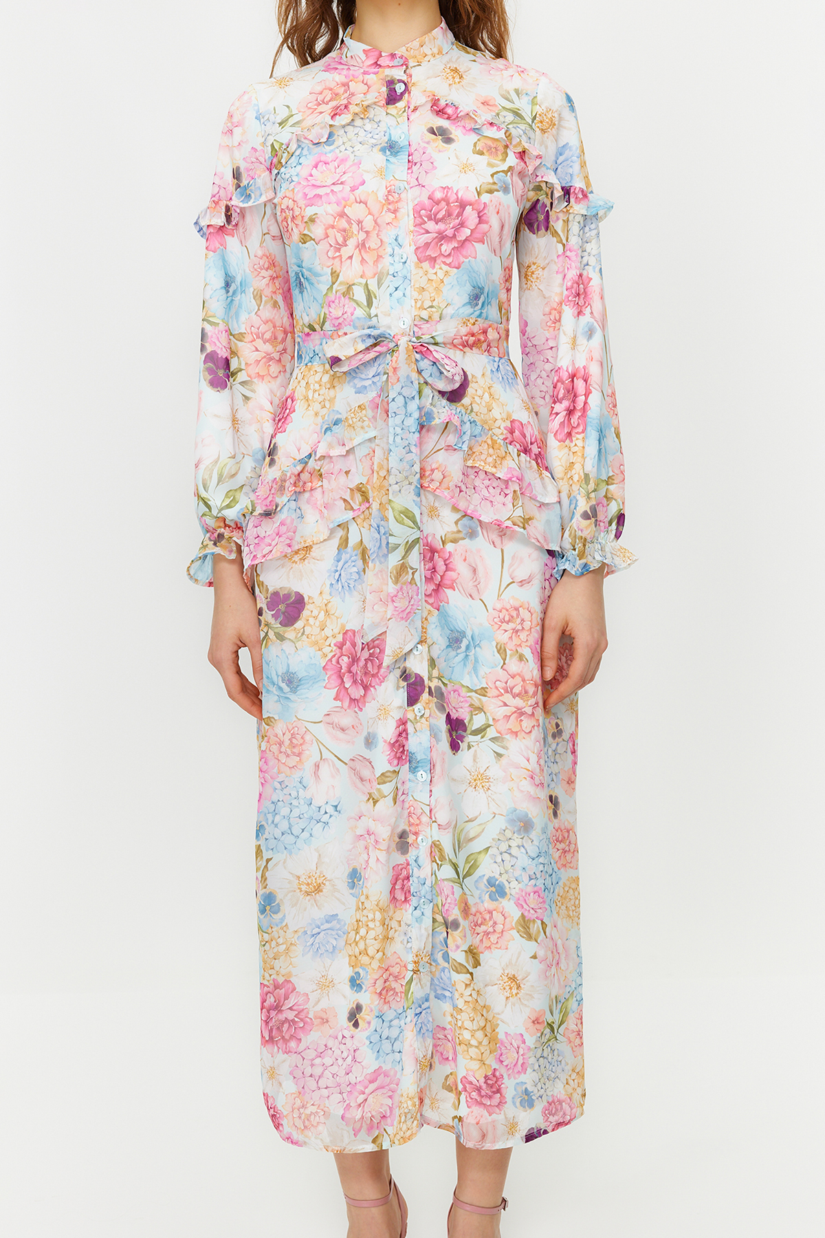 Trendyol Lilac Floral Ruffle Detail Lined Woven Chiffon Dress