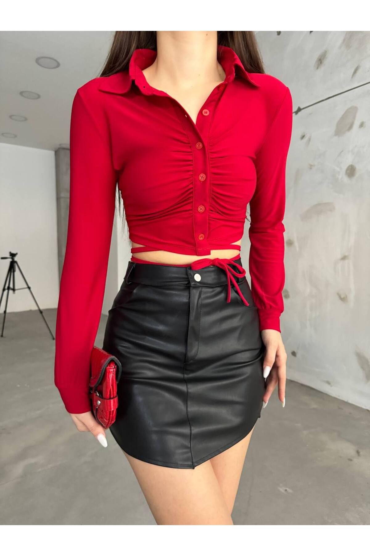 BİKELİFE Women's Red Sandy Fabric Waist Rope Detail Gathered Shirt