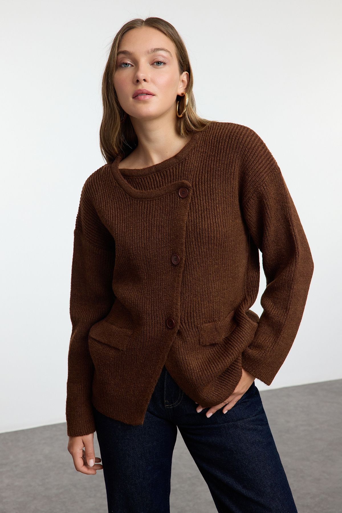 Trendyol Brown Soft Textured Double Breasted Knitwear Cardigan