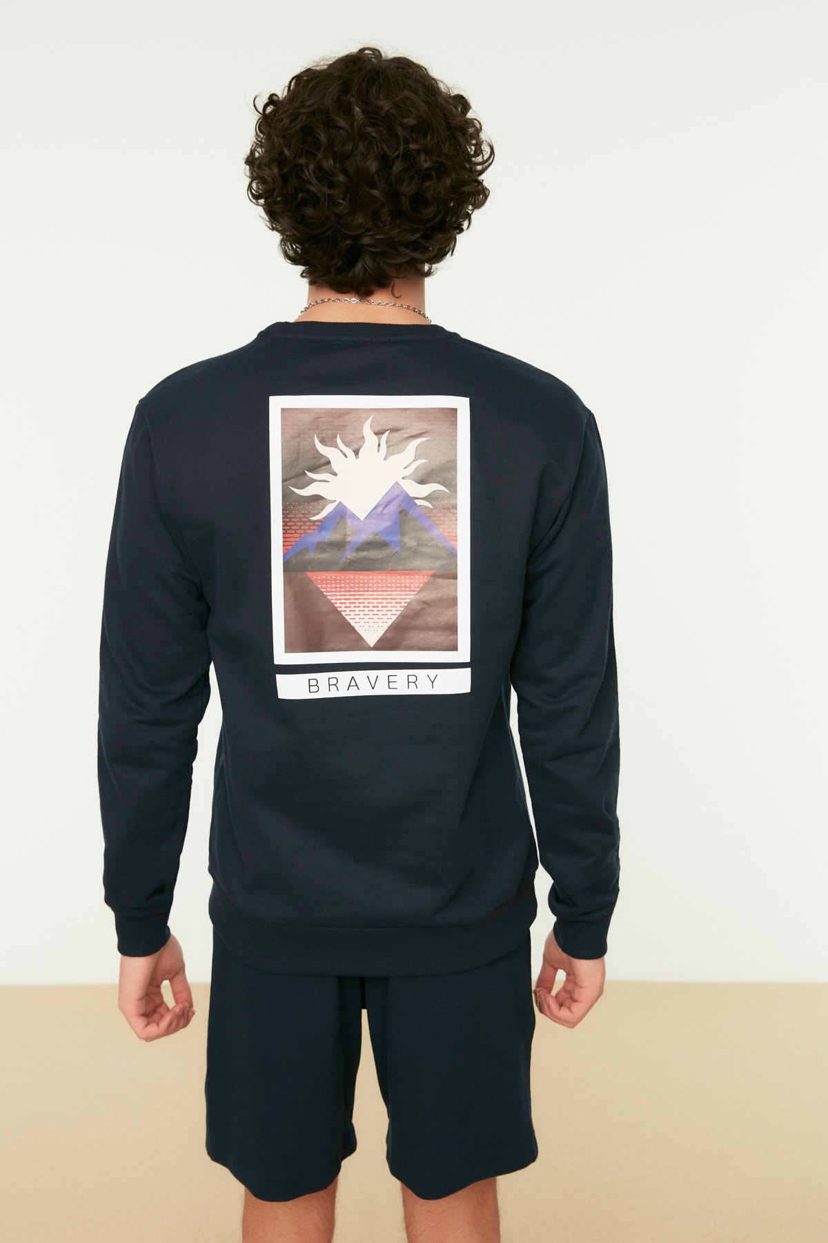 Trendyol Men's Navy Blue Regular/Real Fit Crew Neck Mystic Printed Fleece Sweatshirt