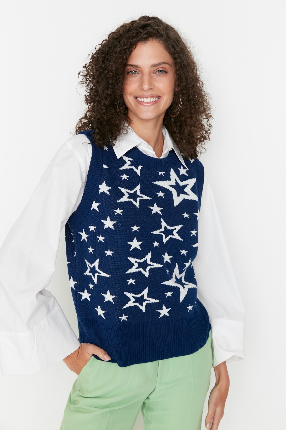 Trendyol Navy Blue Jacquard Crewneck Knitwear Sweater