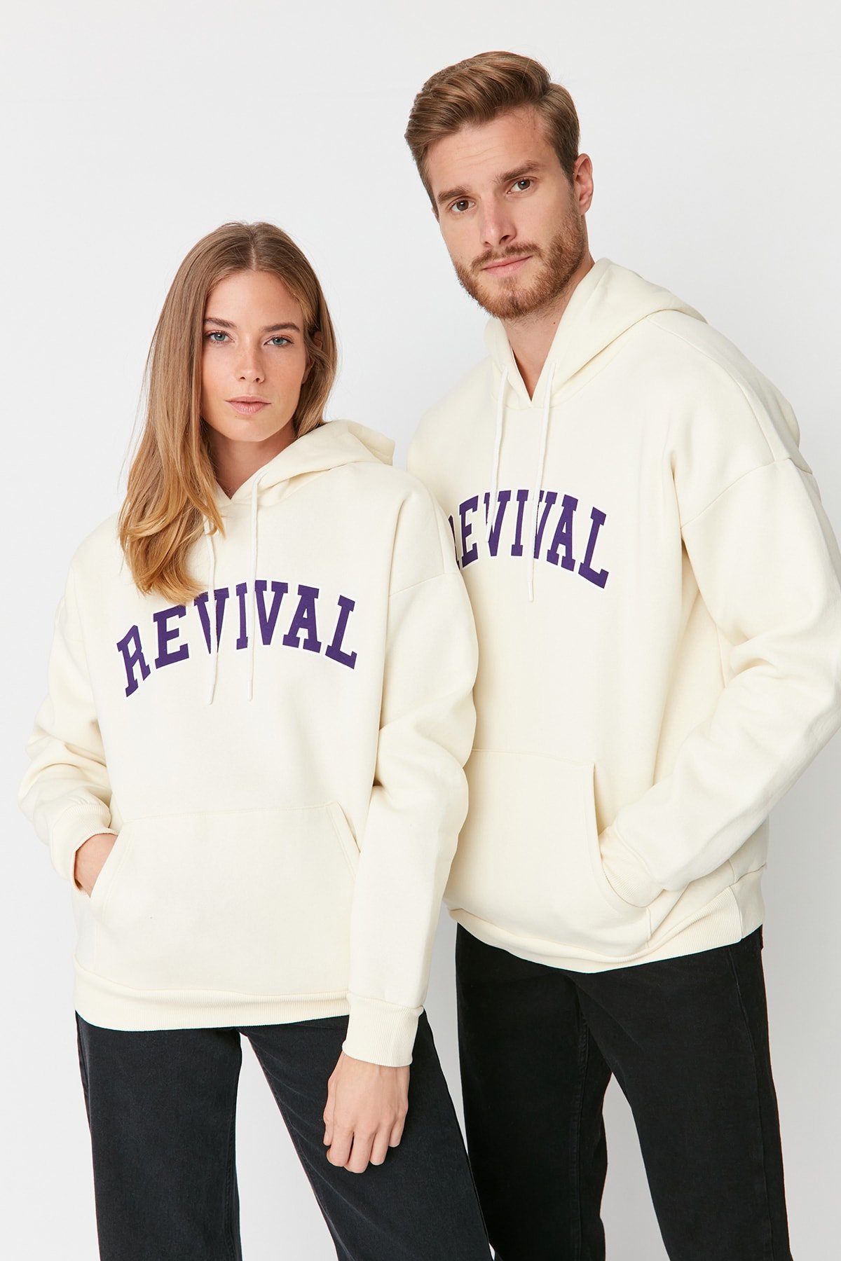 Trendyol Stone Unisex Oversize/Wide-Fit Hooded Text Printed Sweatshirt