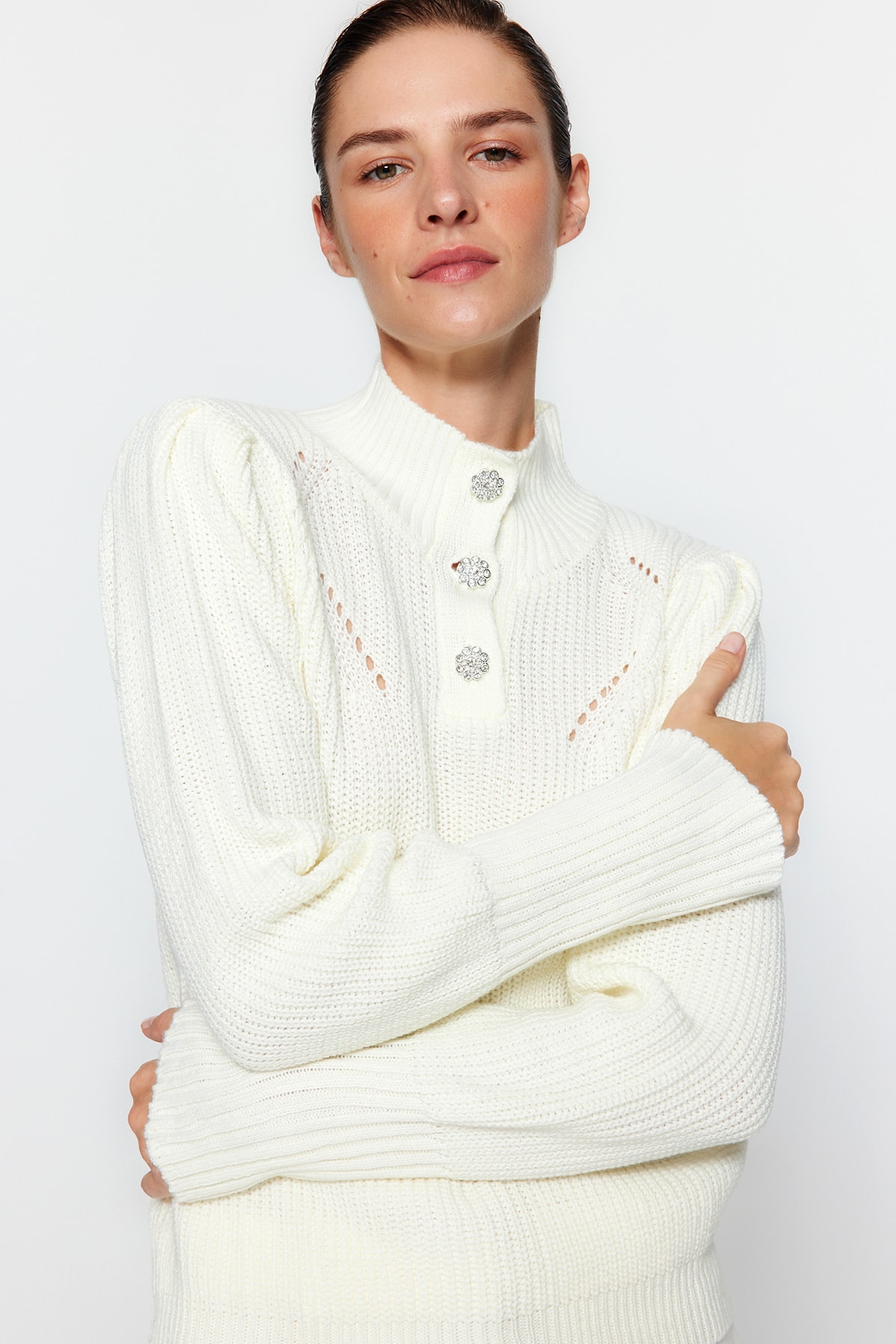 Trendyol Ecru Jeweled Button Detailed Knitwear Sweater