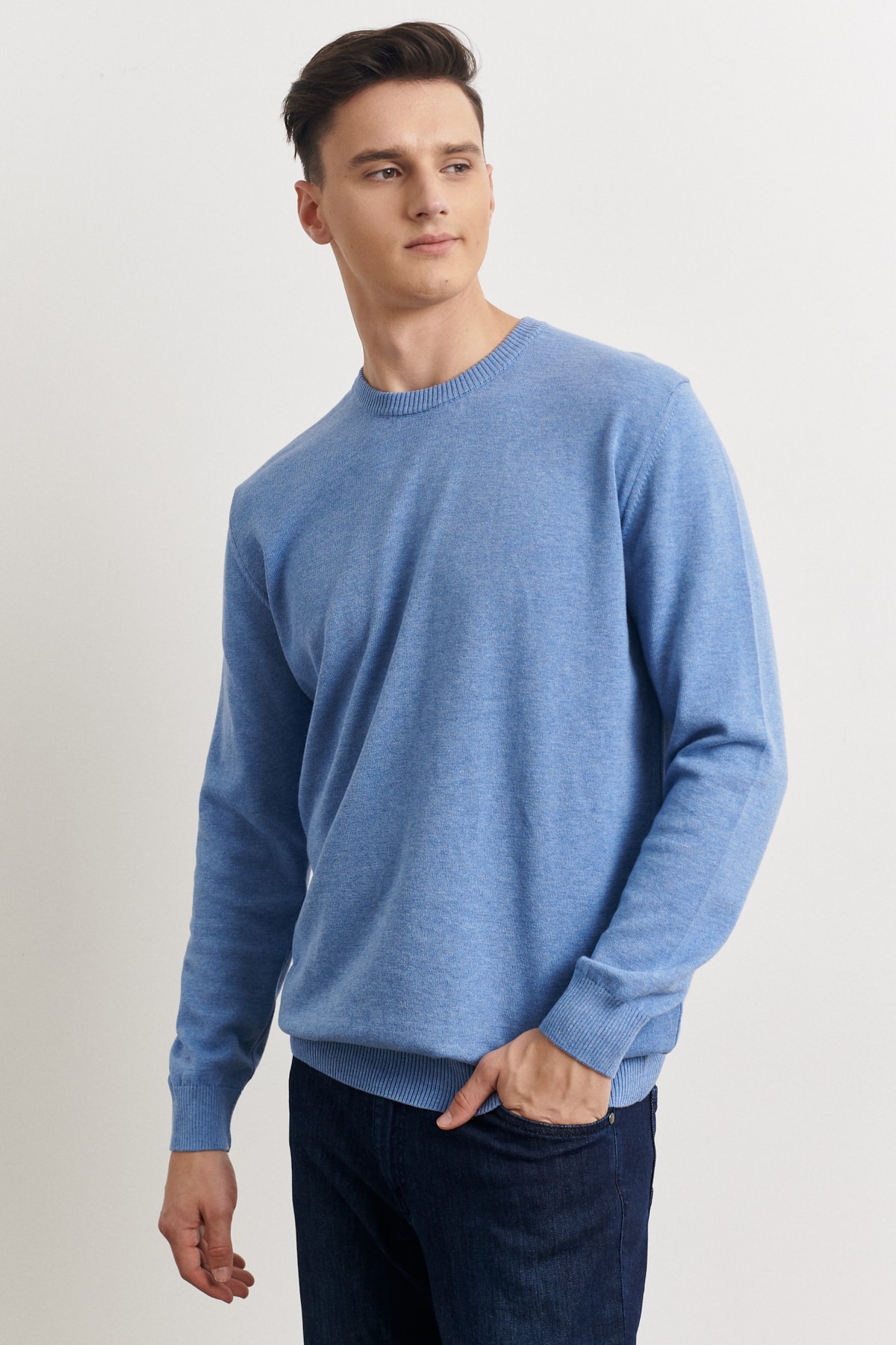 ALTINYILDIZ CLASSICS Men's Blue Standard Fit Regular Fit Crew Neck Cotton Knitwear Sweater