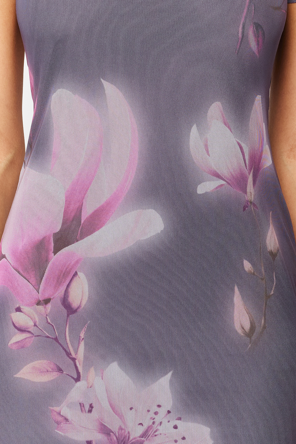 Trendyol Gray Floral Printed Midi Crew Neck Short Sleeve Stretchy Knitted Midi Pencil Dress