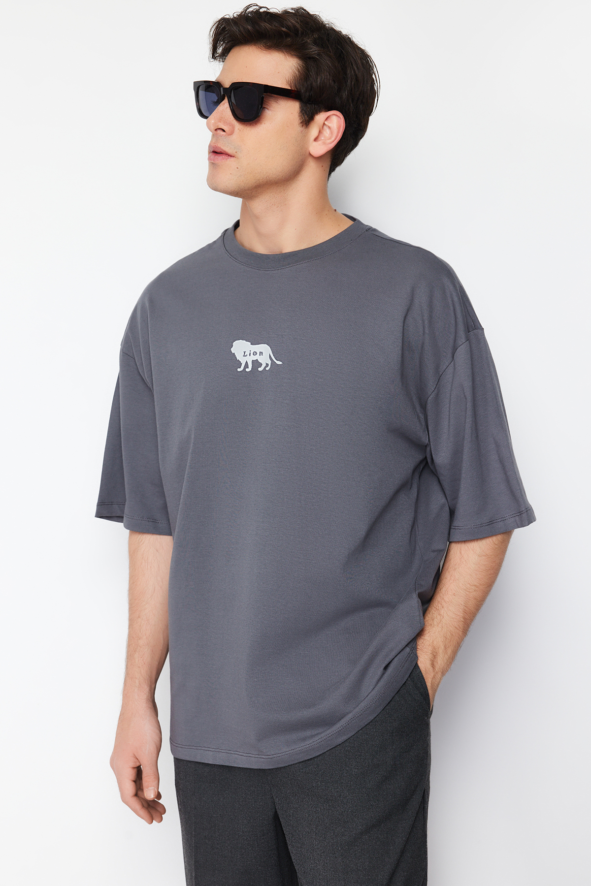 Levně Trendyol Anthracite Oversize Animal Embroidery Printed 100% Cotton T-Shirt