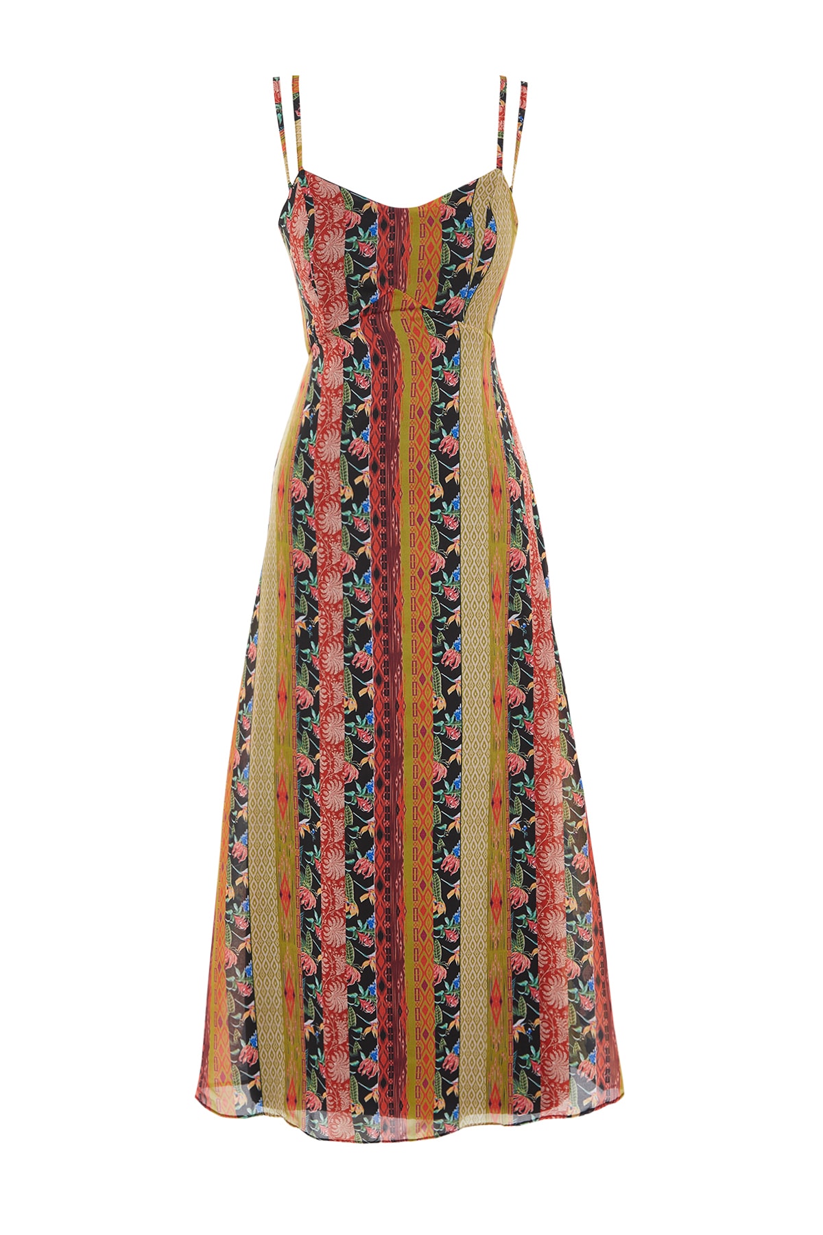 Trendyol Multicolored Patterned A-Cut Strap Midi Lined Woven Dress