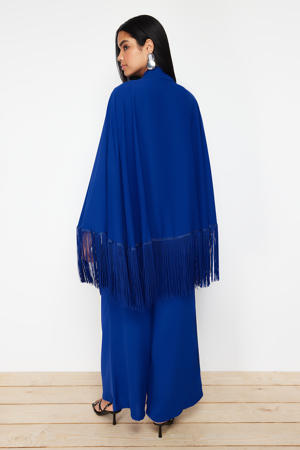 Trendyol Navy Blue Tassel Cape-Jumpsuit Evening Dress Set