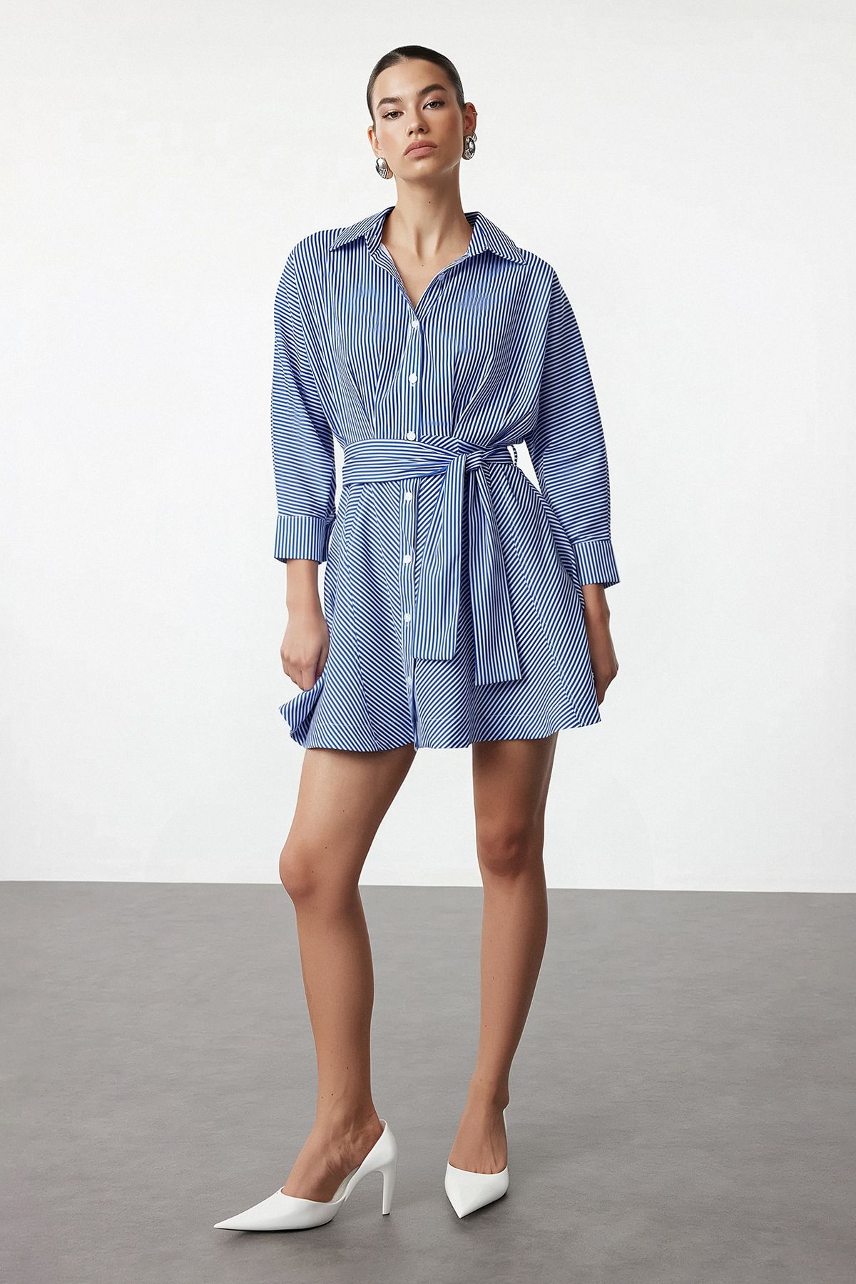 Trendyol Blue Belted Striped Mini Woven Shirt Dress