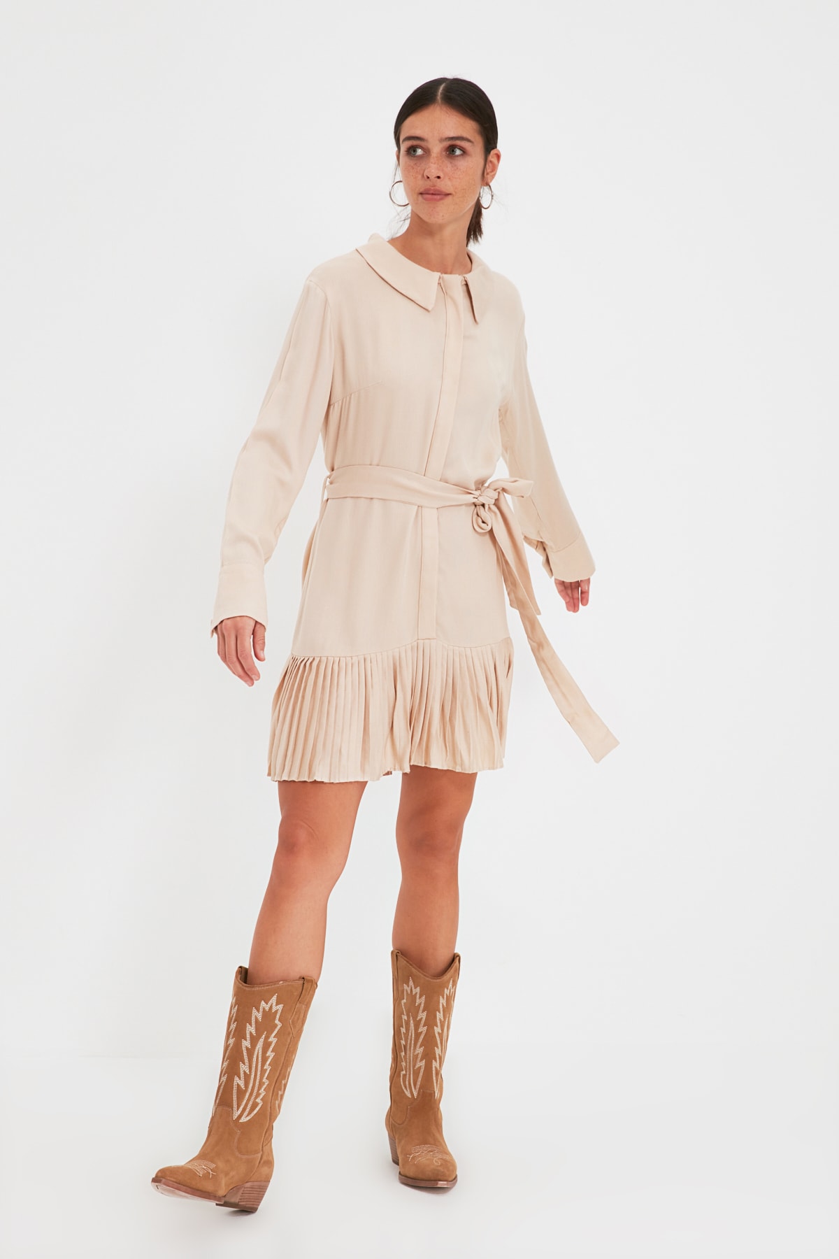 Trendyol Stone Belted Pleated Dress