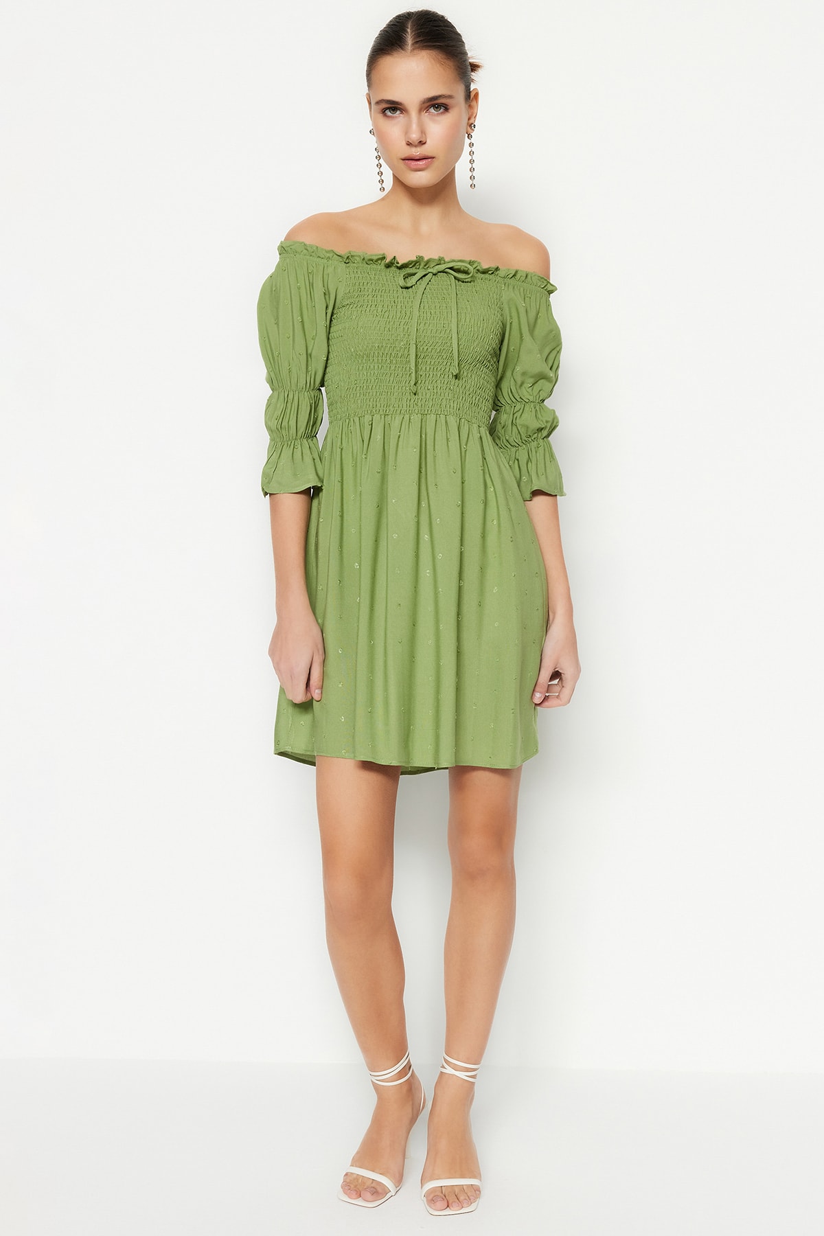 Trendyol Mint Open-Waist Mini Woven Gippe Dress