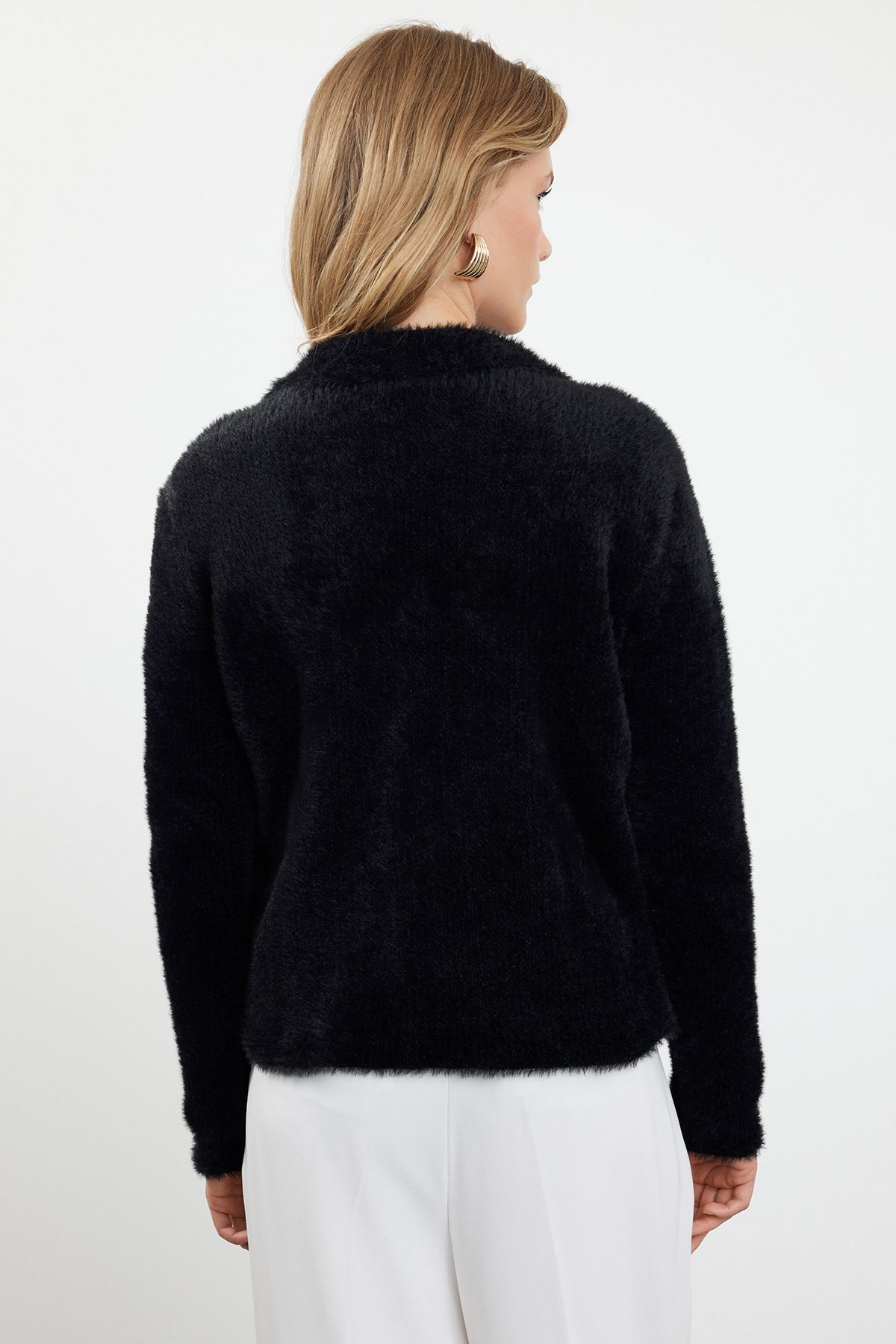 Trendyol Black Shaggy Polo Neck Knitwear Cardigan