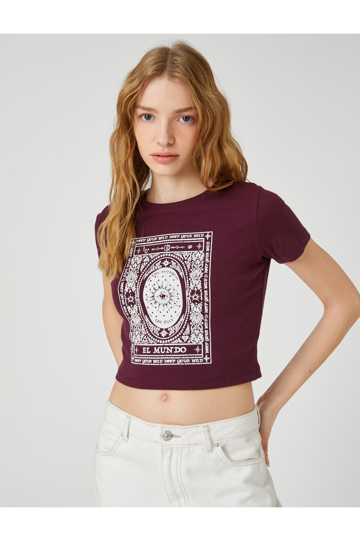 Levně Koton Crop T-Shirt Cotton Short Sleeve Crew Neck Printed