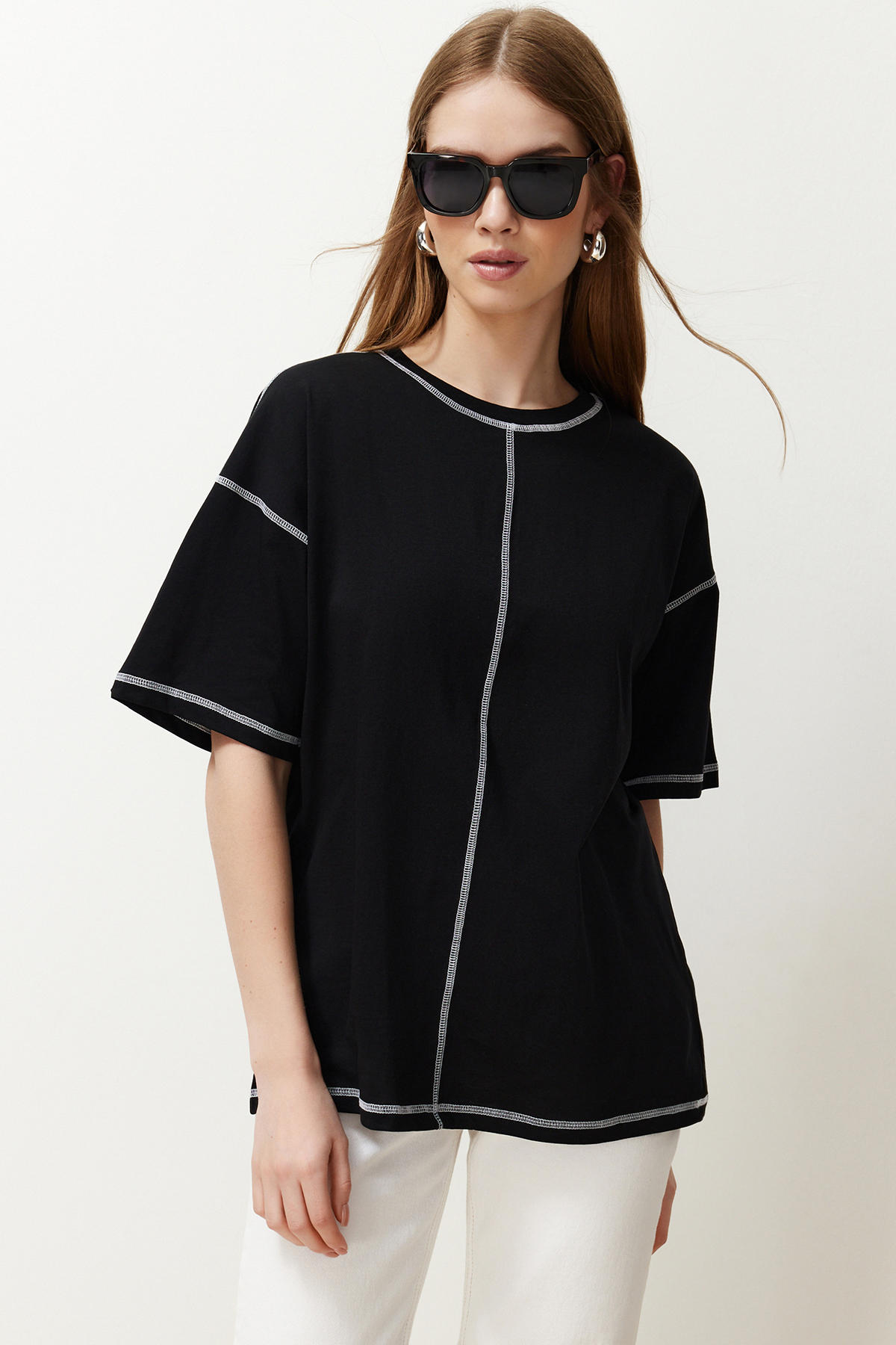 Trendyol Black 100% Cotton Karkoya Stitch Detail Oversize/Wide-Fit Knitted T-Shirt