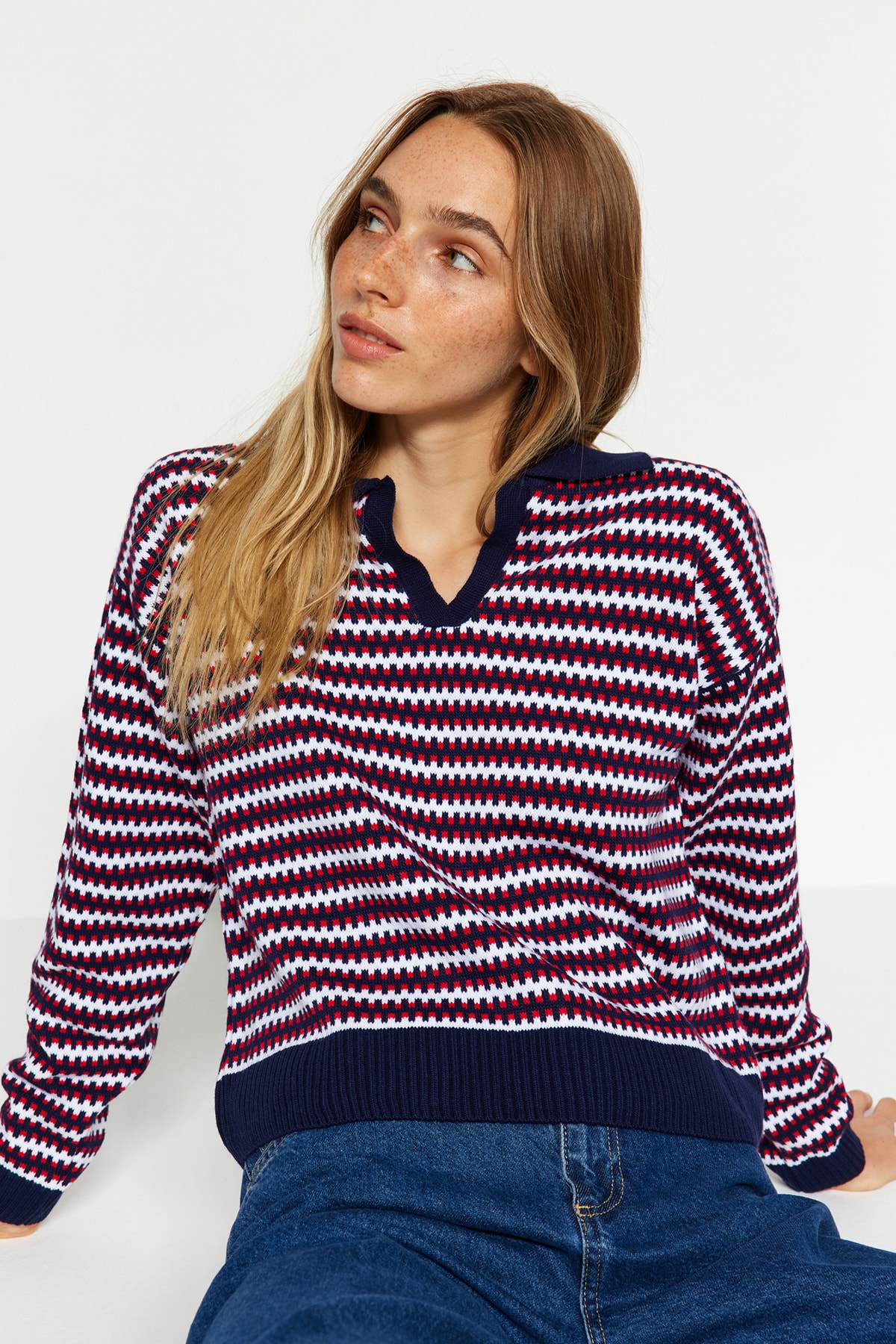 Trendyol Indigo Striped Polo Collar Knitwear Sweater