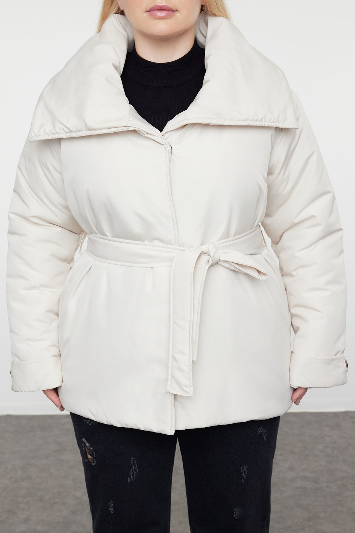 Trendyol Curve Ecru Regular Fit Wide Collar Waist Tie Detailed Coat