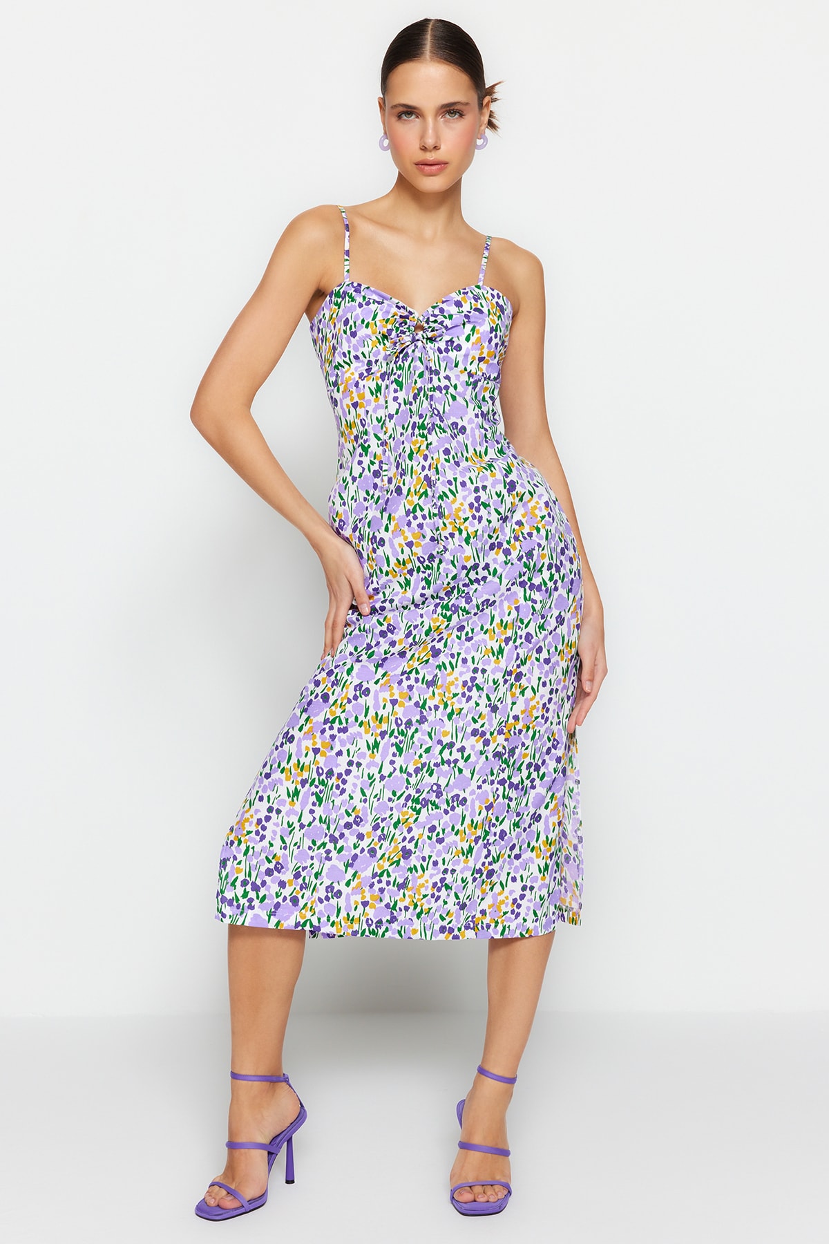 Trendyol Multi Color Midi Fereastră țesută Rochie țesută detaliată