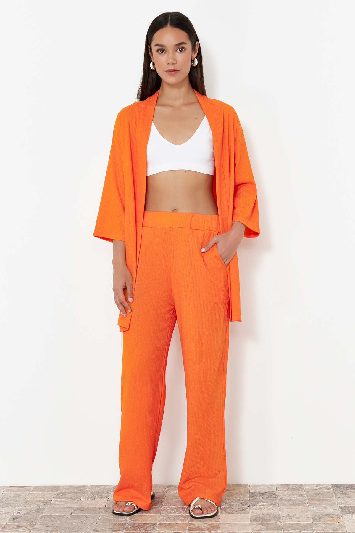 Trendyol Orange Relaxed/Comfortable Cut Knitted Kimona Trousers Top-Bottom Set