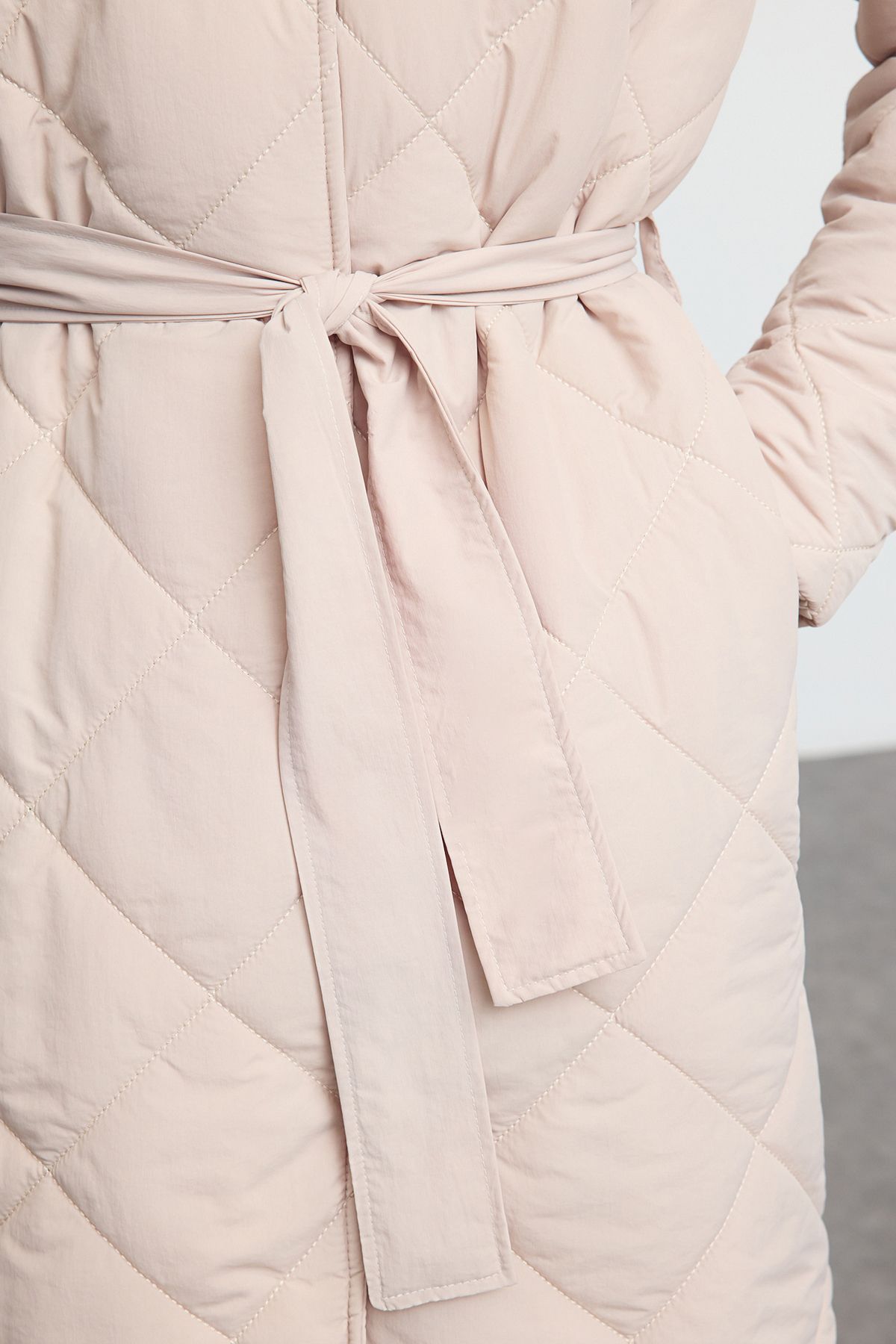 Trendyol Ecru Oversize Belted Long Quilted Puffer Coat