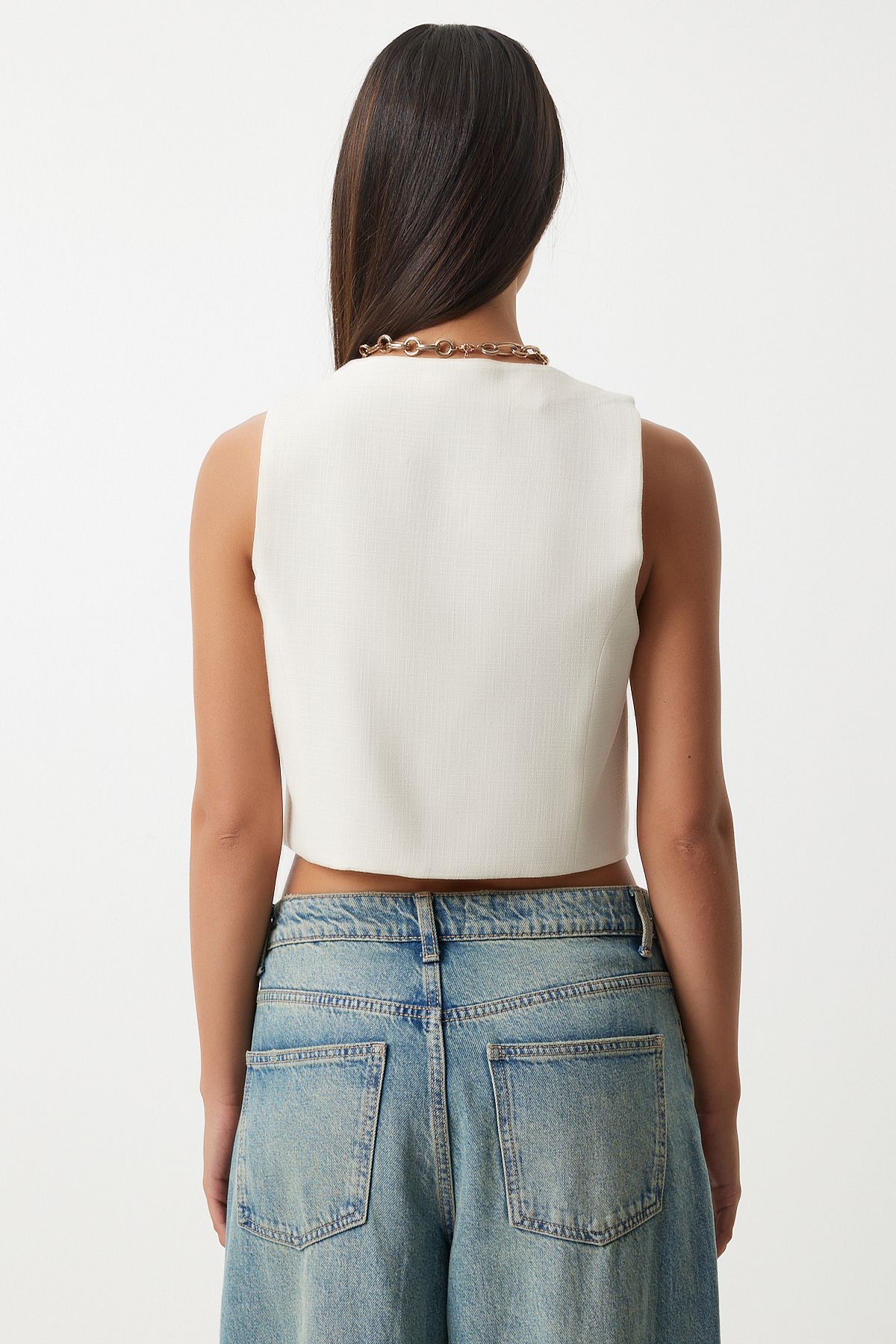 Happiness İstanbul Women's White Linen Short Vest