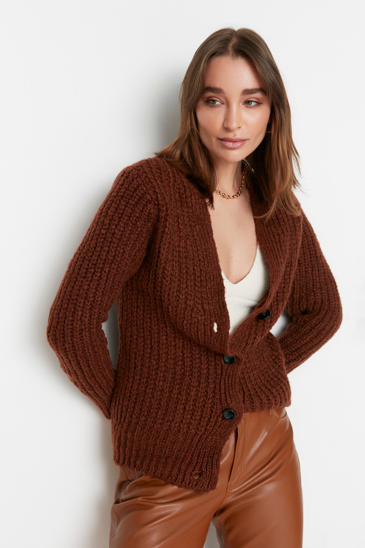 Trendyol Cinnamon Basic Soft Textured Knitwear Cardigan