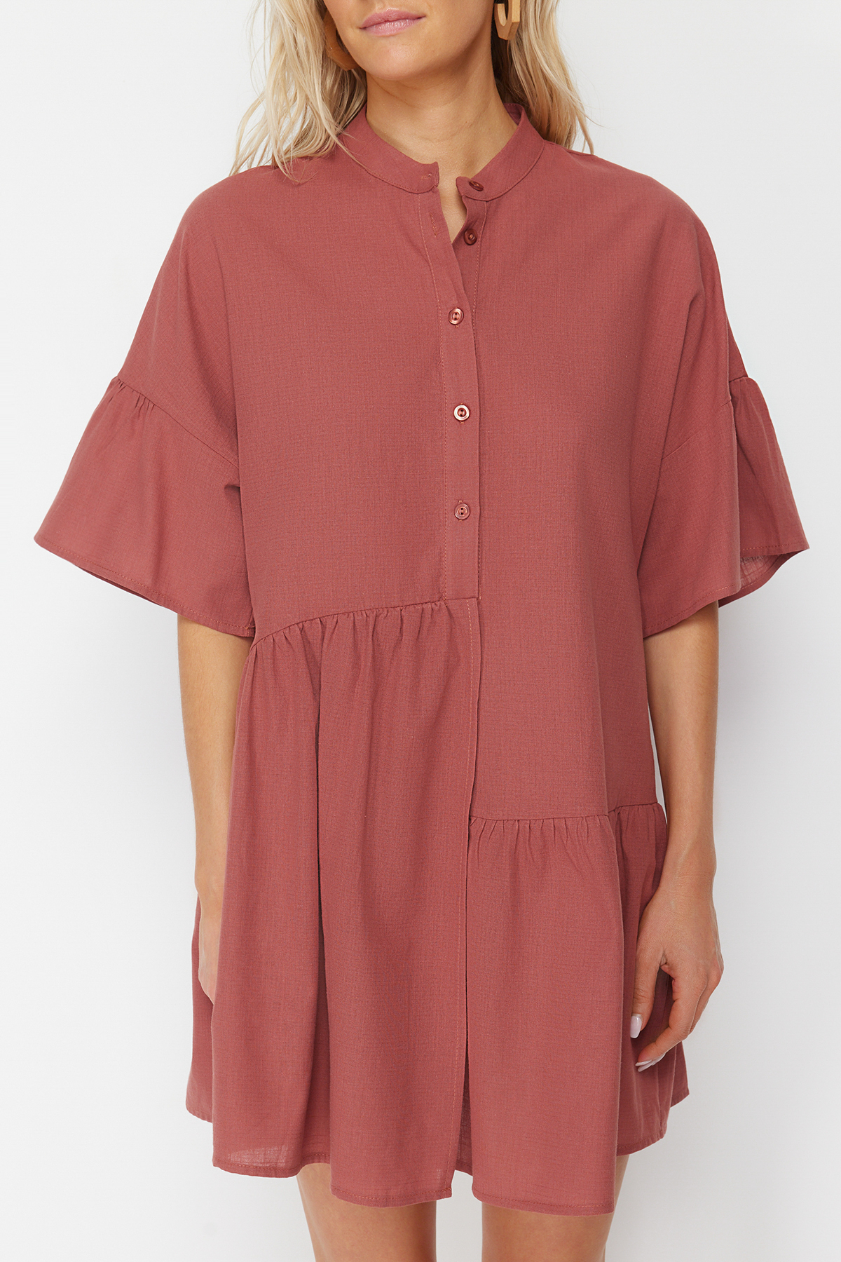 Trendyol Tile Wide Fit Mini Woven Flounce 100% Cotton Beach Dress