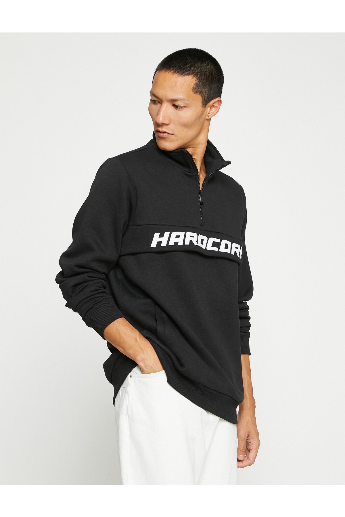 Koton Basic Sweatshirt Standing Neck Zippered, Slogan Printed with Pocket Detailed.