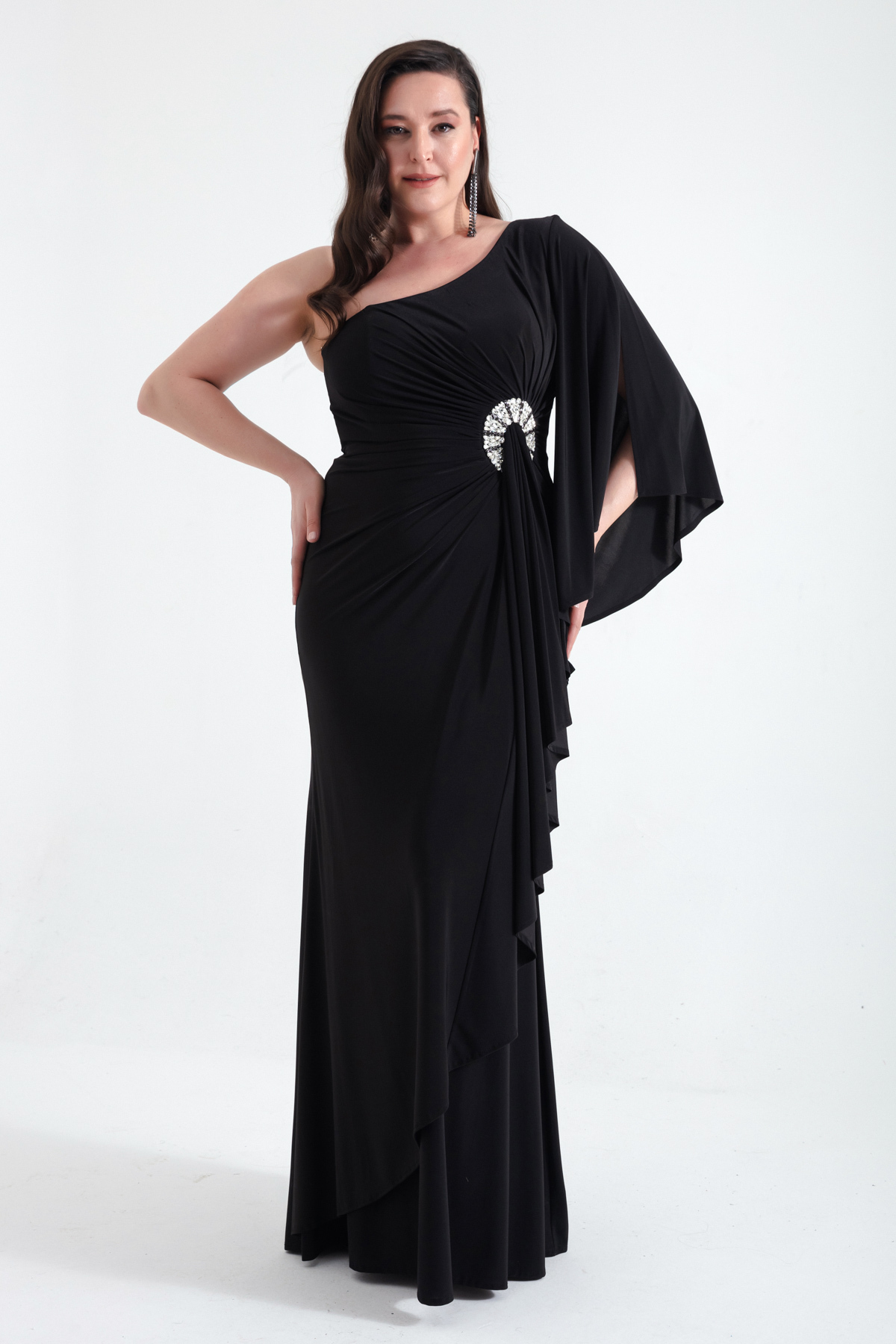 Lafaba Women's Black One-Shoulder Stone Detailed Long Evening Dress