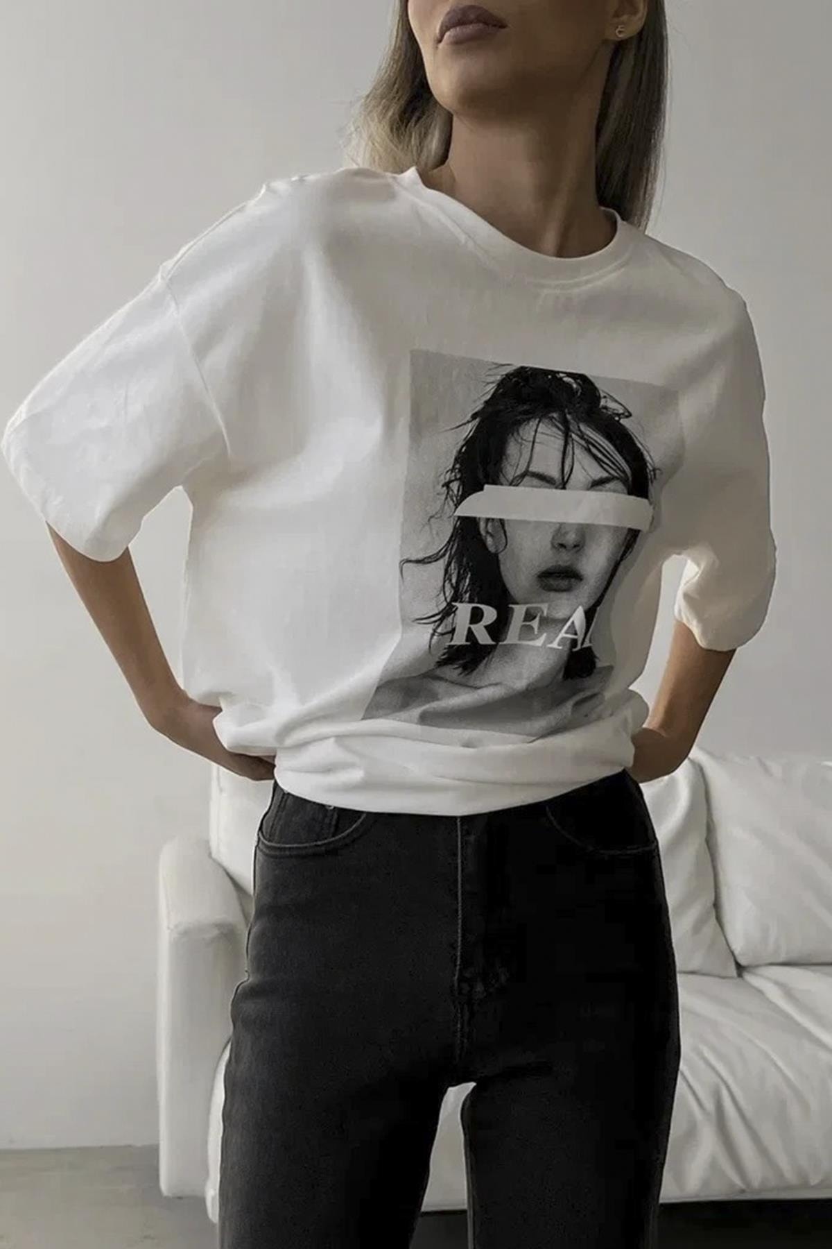 Madmext Women's Ecru Oversize Printed T-Shirt