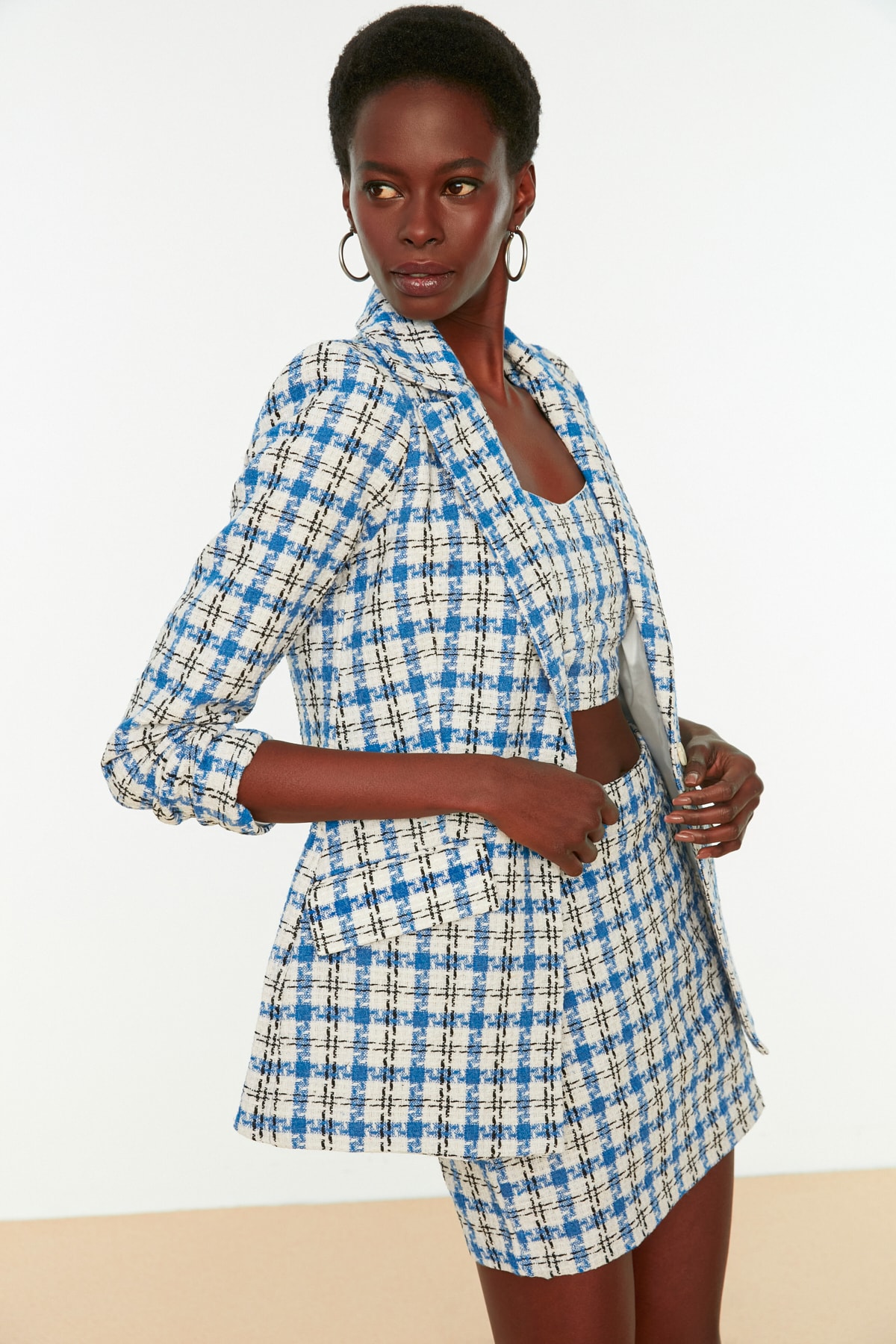 Trendyol Blue Plaid Strappy Crop Blouse