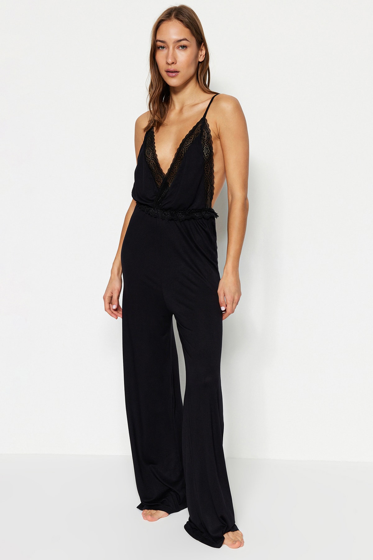 Trendyol Black Lace and Back Detailed Rope Strap Knitted Jumpsuit
