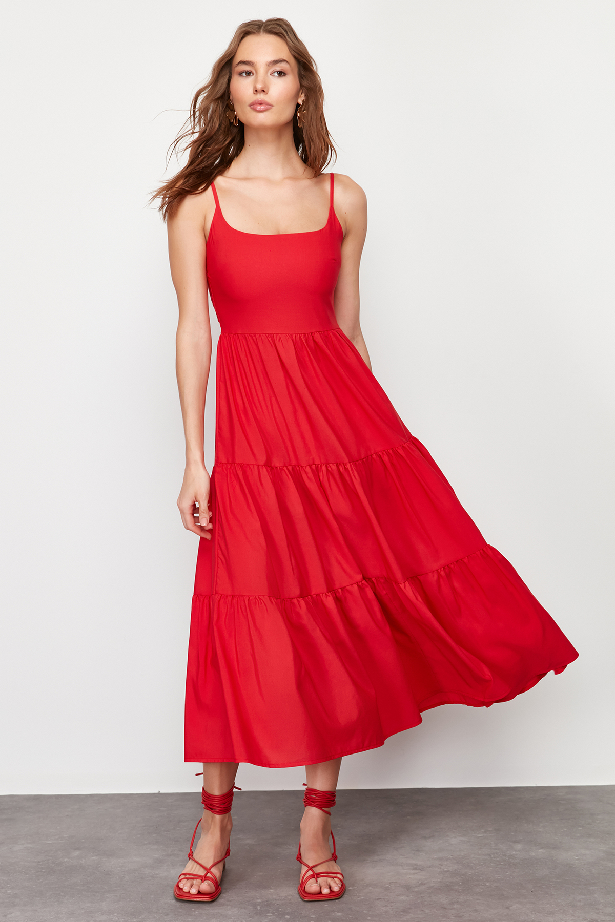 Levně Trendyol Red Skirt Opened at Waist Cotton Blend Maxi Woven Dress