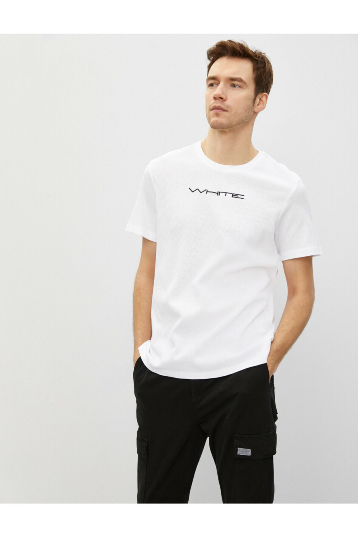 Koton Men's White Cotton Bicycle Collar T-Shirt