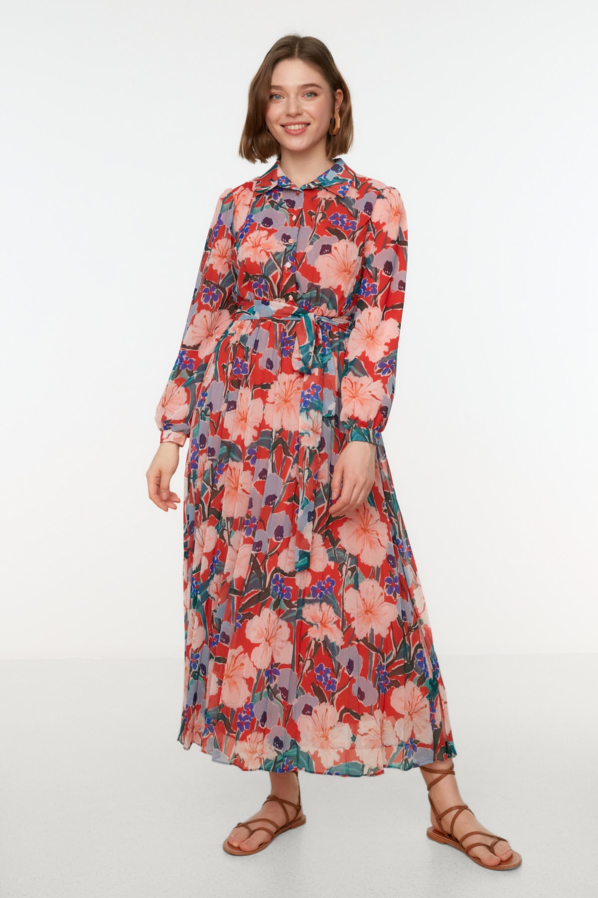 Levně Trendyol Multi Color Floral Pattern Shirt Collar Belted Lined Chiffon Woven Dress
