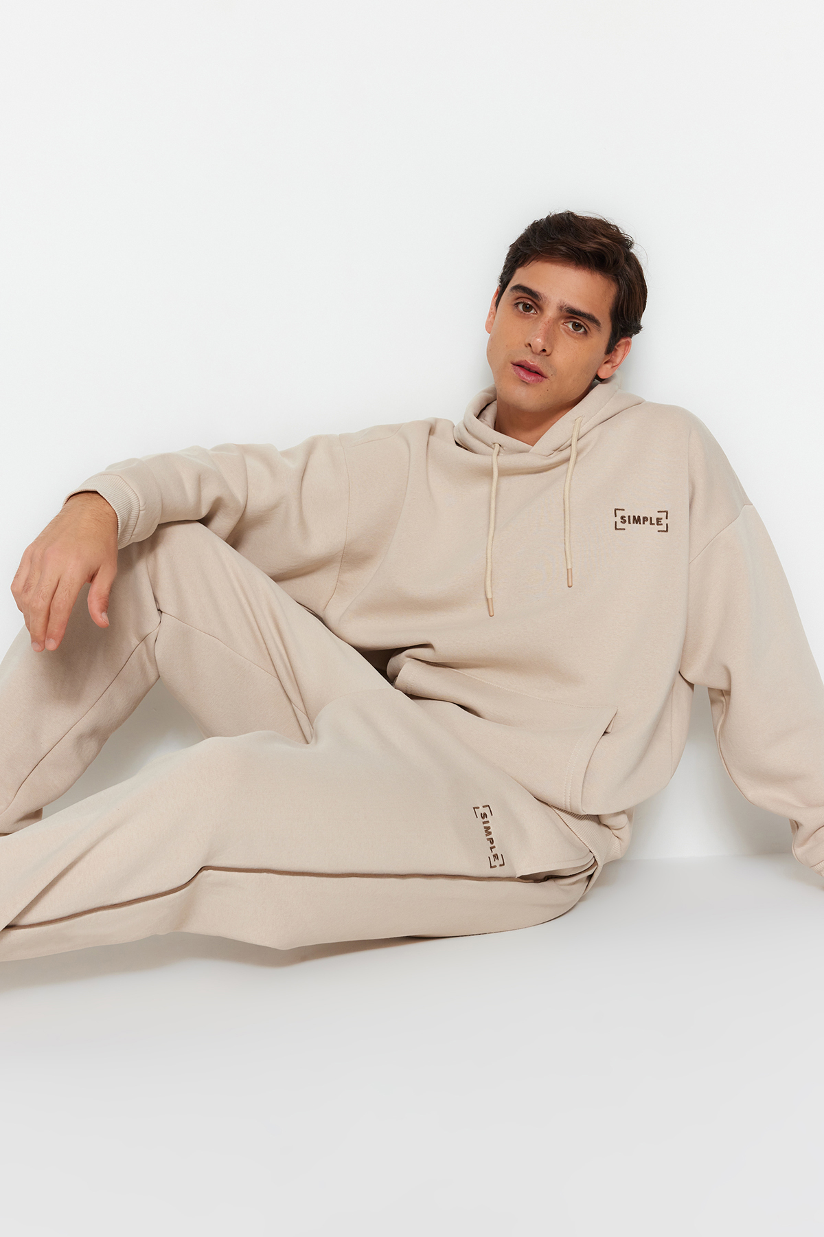 Trendyol Stone Men's Tracksuit Oversize/Wide-Fit Hooded Embroidered Wenge Fleece Inner Cotton