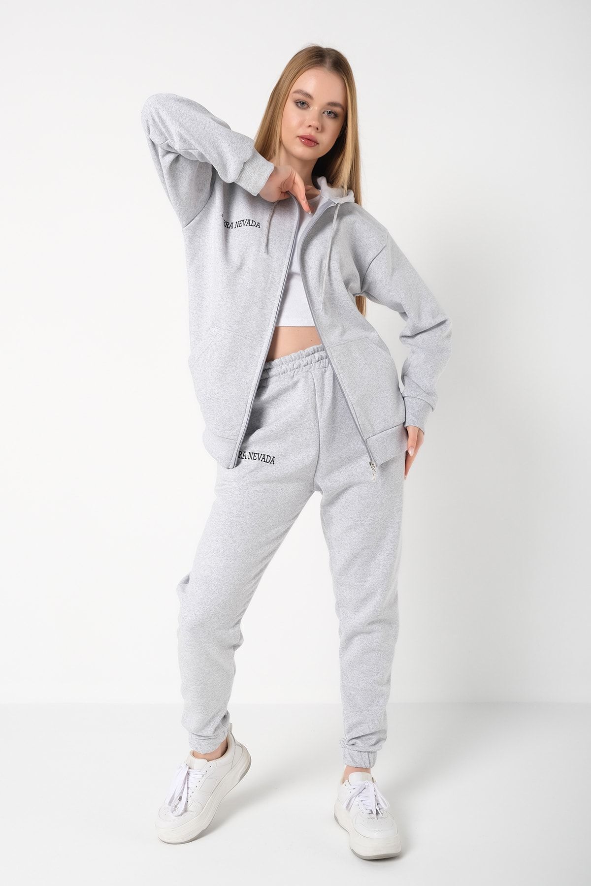 Know Women's 3 Yarn Gray Sierra Nevada Printed Cardigan Jogger Oversize Tracksuit