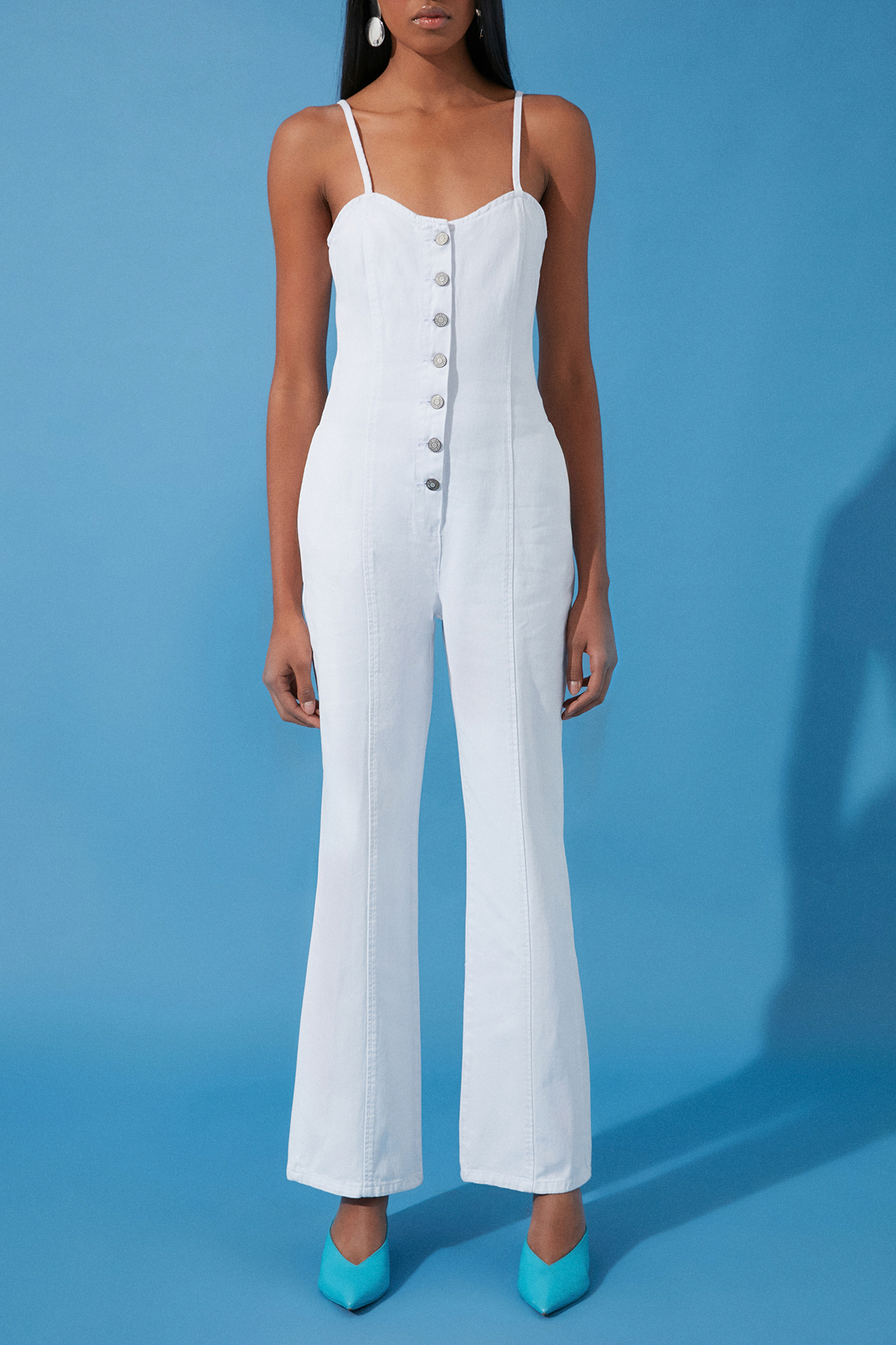 Trendyol White Strap Heart Collar Wide Leg Denim Jumpsuit