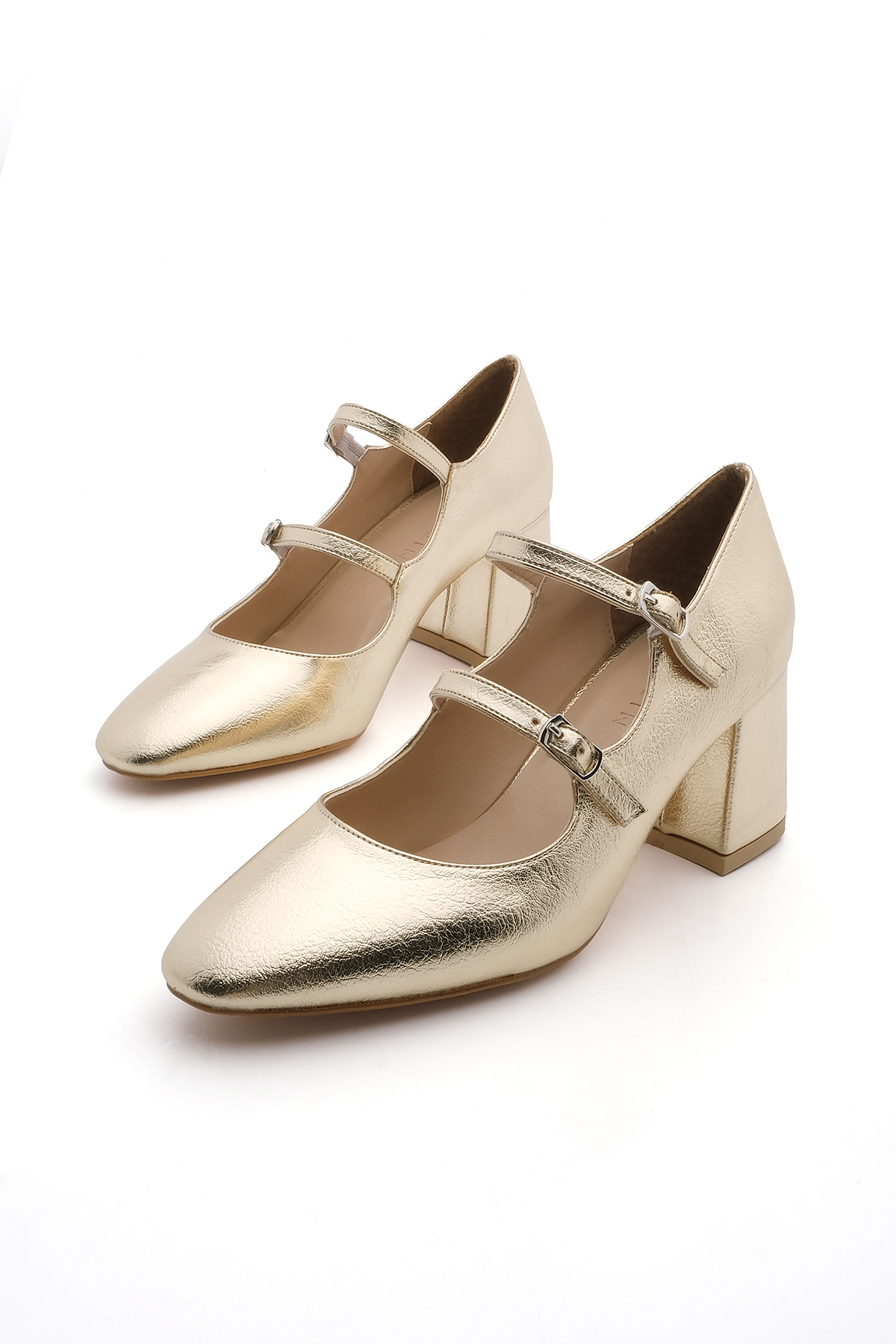 Levně Marjin Women's Chunky Heel Double Strap Classic Heel Shoes Asney Gold