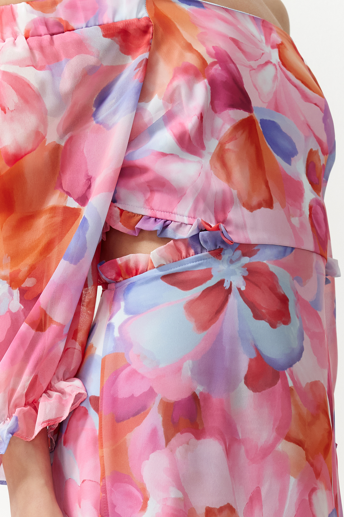 Trendyol Pink Floral Patterned A-Line Madonna Collar Chiffon Lined Maxi Woven Dress