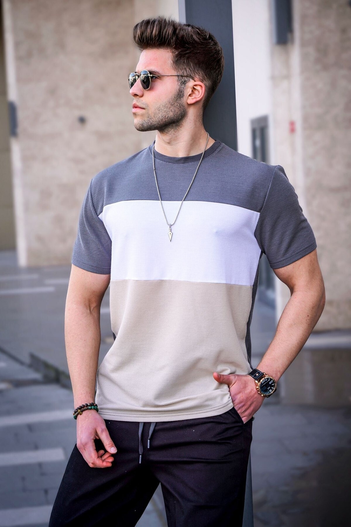 Levně Madmext Men's Color Block Smoked T-Shirt 5826