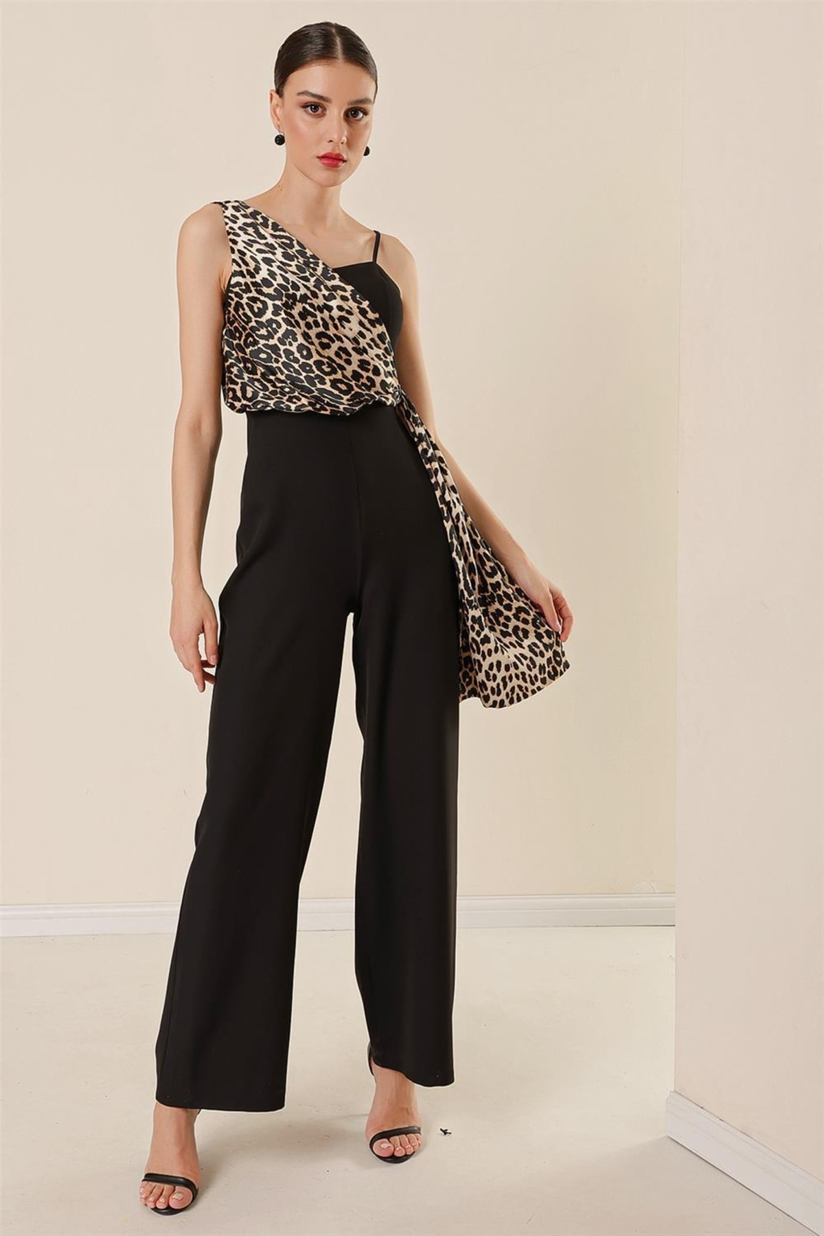 By Saygı One Side Thick Straps Leopard Pattern Satin Detailed Wide Leg Jumpsuit Black.