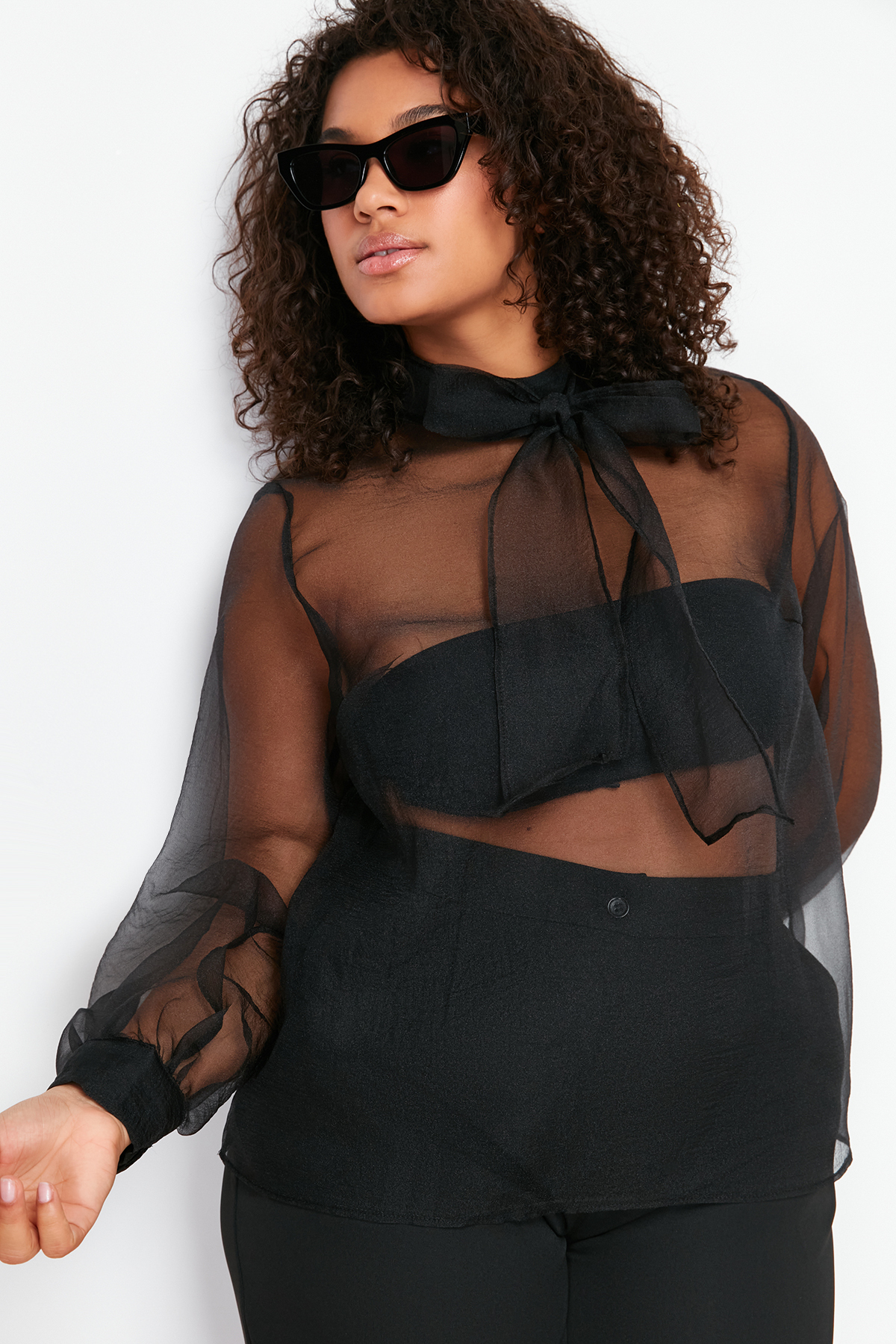 Trendyol Curve Black Sheer Look Tulle Blouse