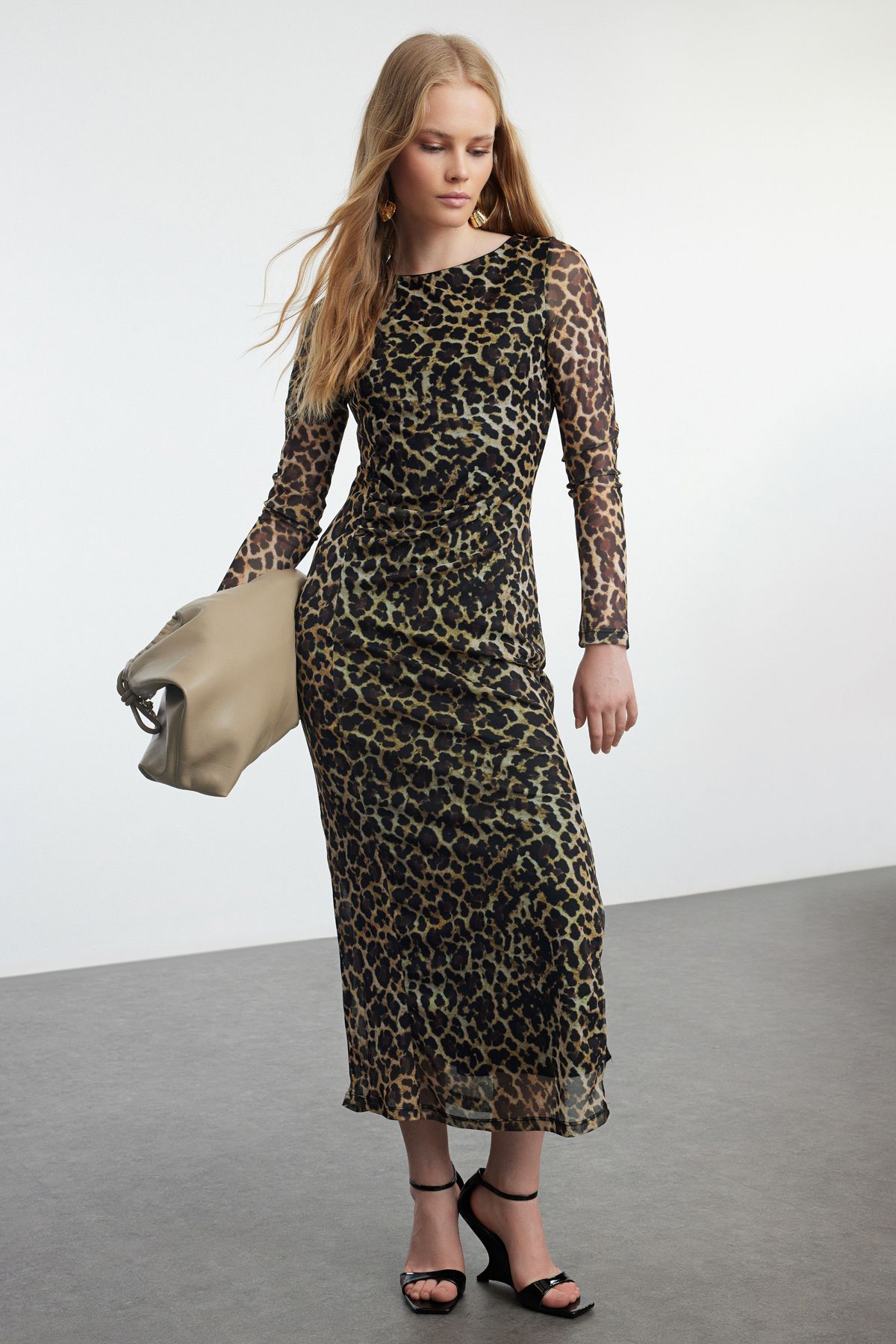 Trendyol Multicolored Leopard Pattern Fitted Tulle Stretchy Knitted Dress