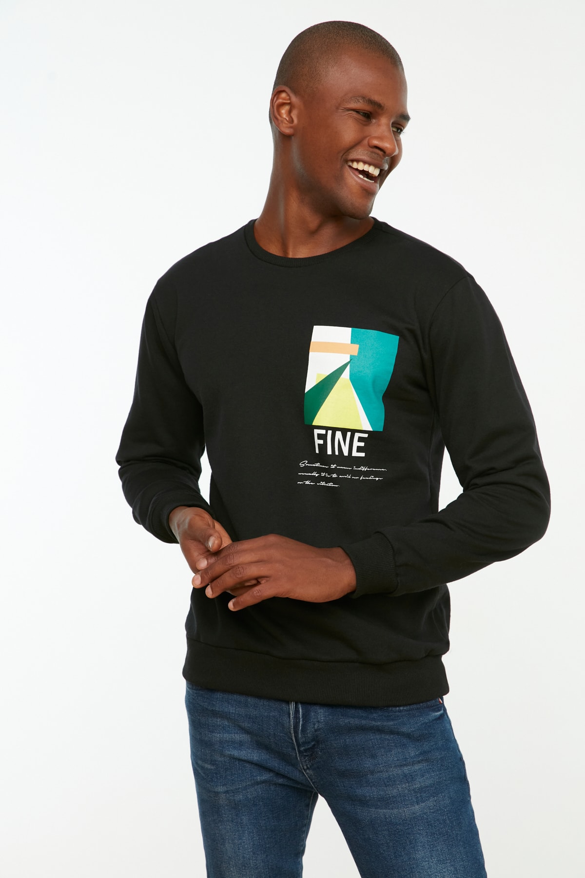 Trendyol Men's Black Regular/Real Fit Crew Neck Geometric Printed Sweatshirt