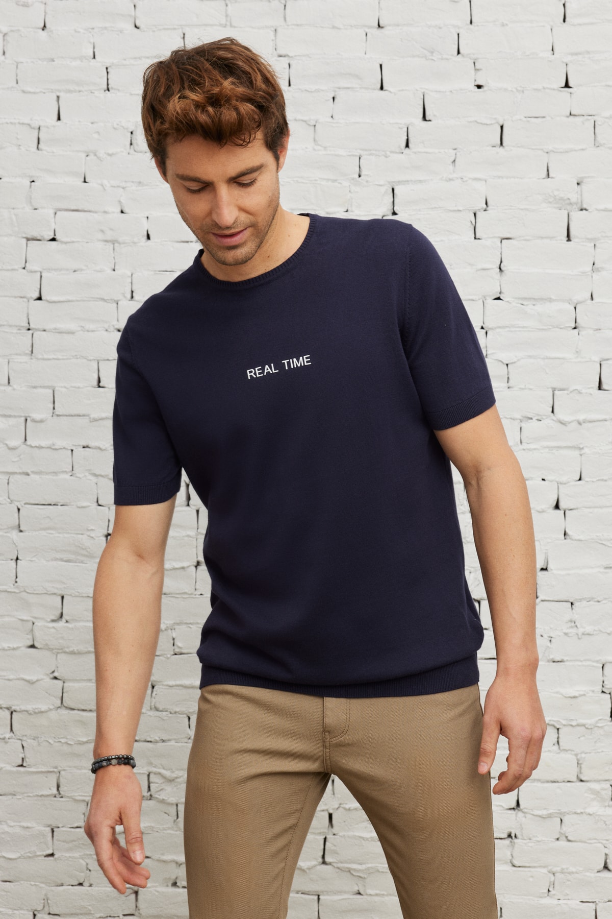 Levně AC&Co / Altınyıldız Classics Men's Navy Blue Standard Fit Regular Cut Crew Neck 100% Cotton Printed Knitwear T-Shirt
