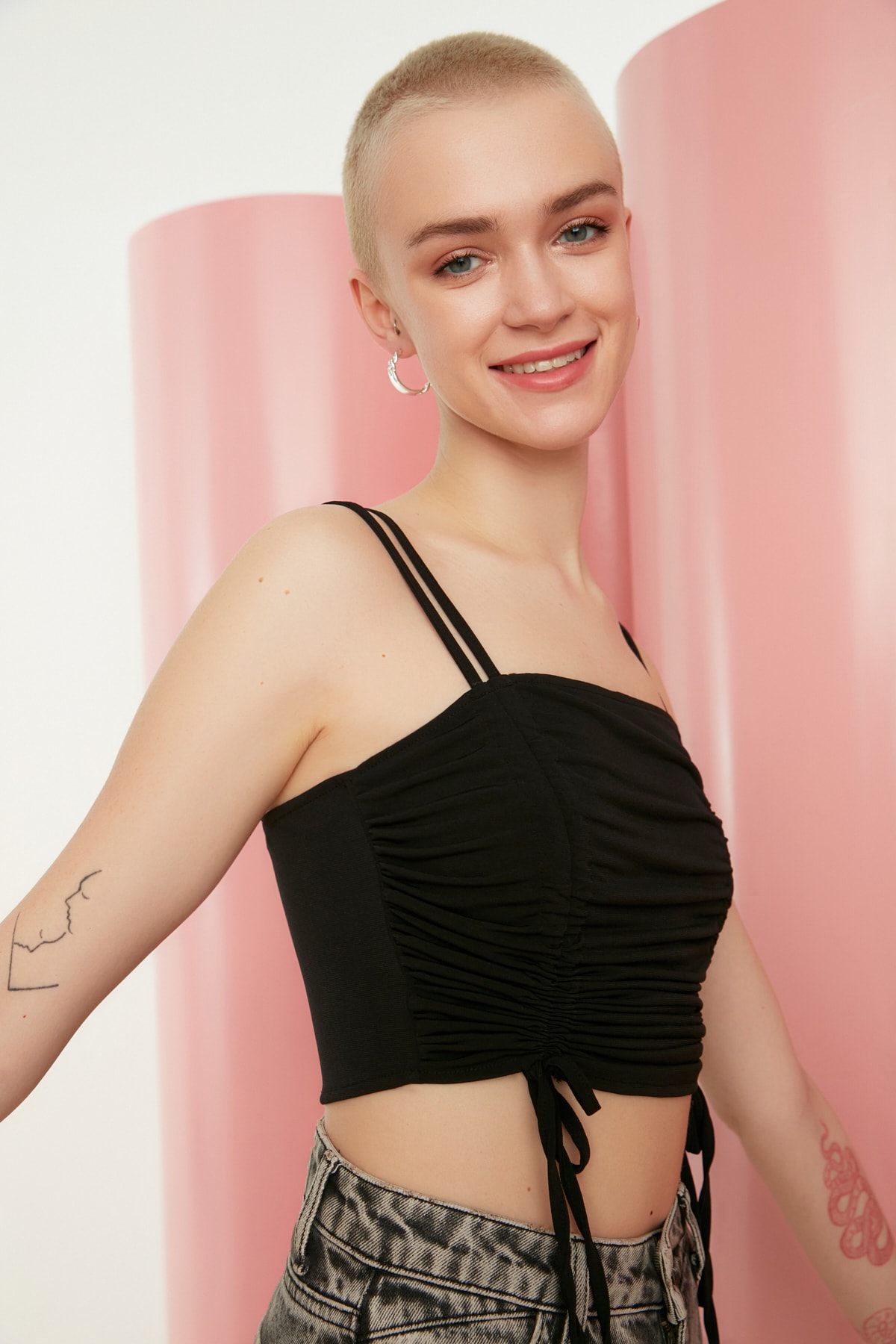 Trendyol Black Pleated Crop Knitted Blouse